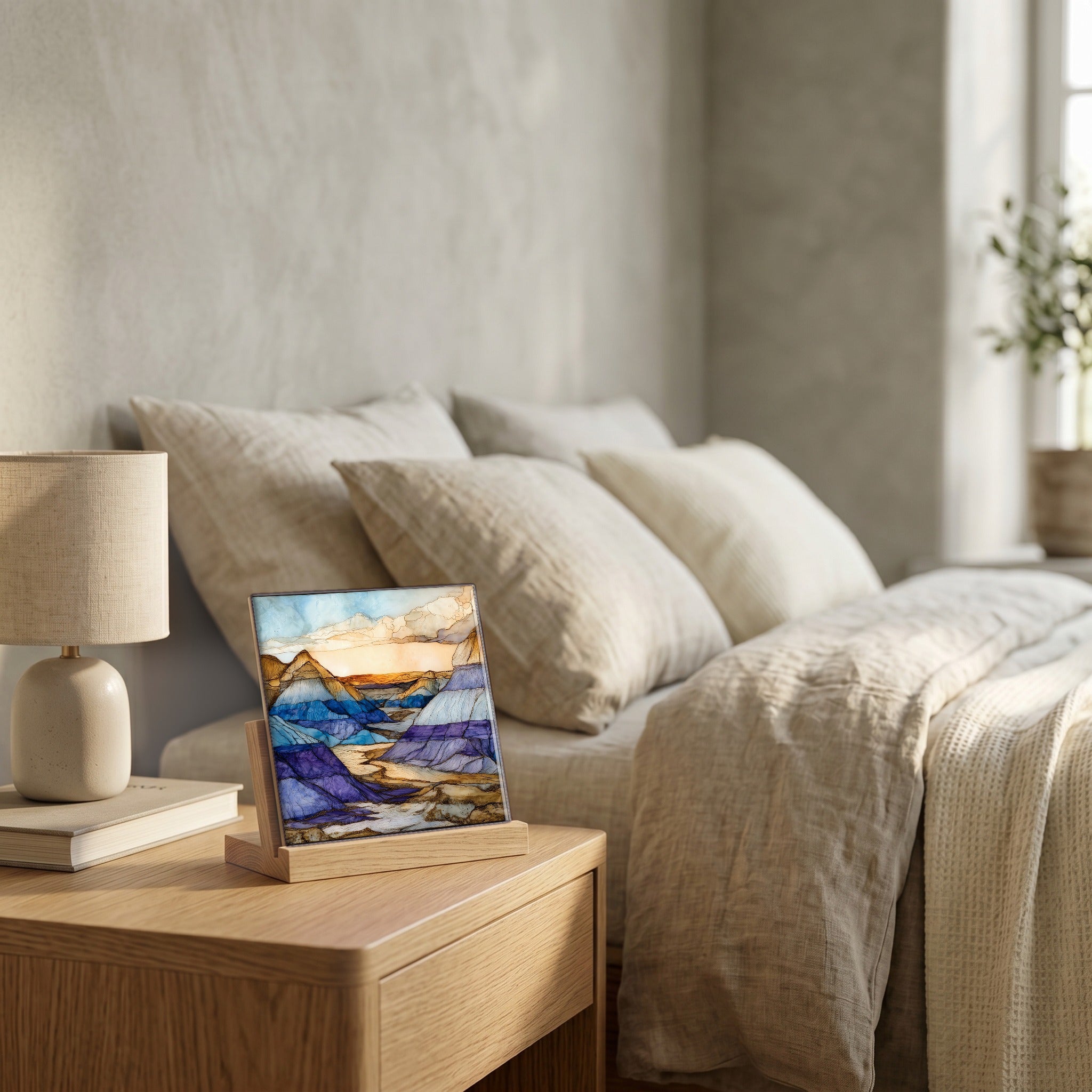On the nightstand, catching the morning.