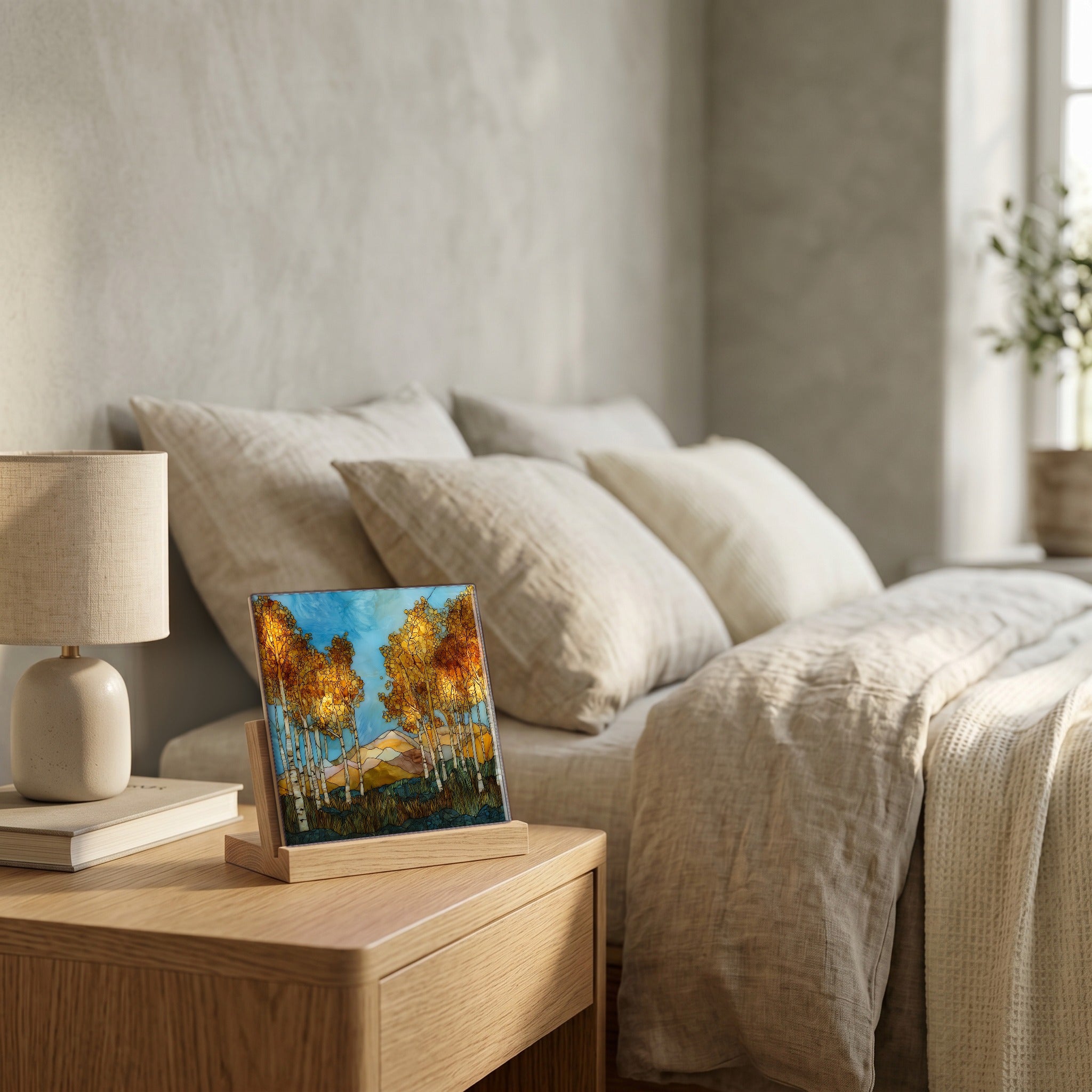 On the nightstand, catching the morning.