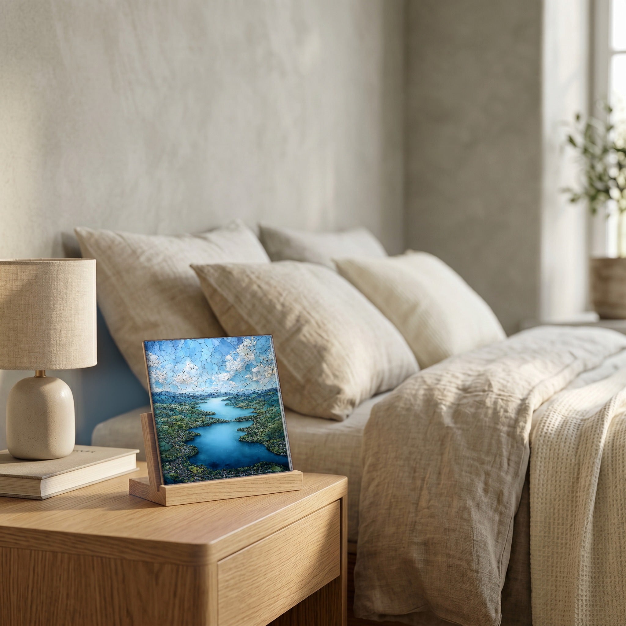 On the nightstand, catching the morning.