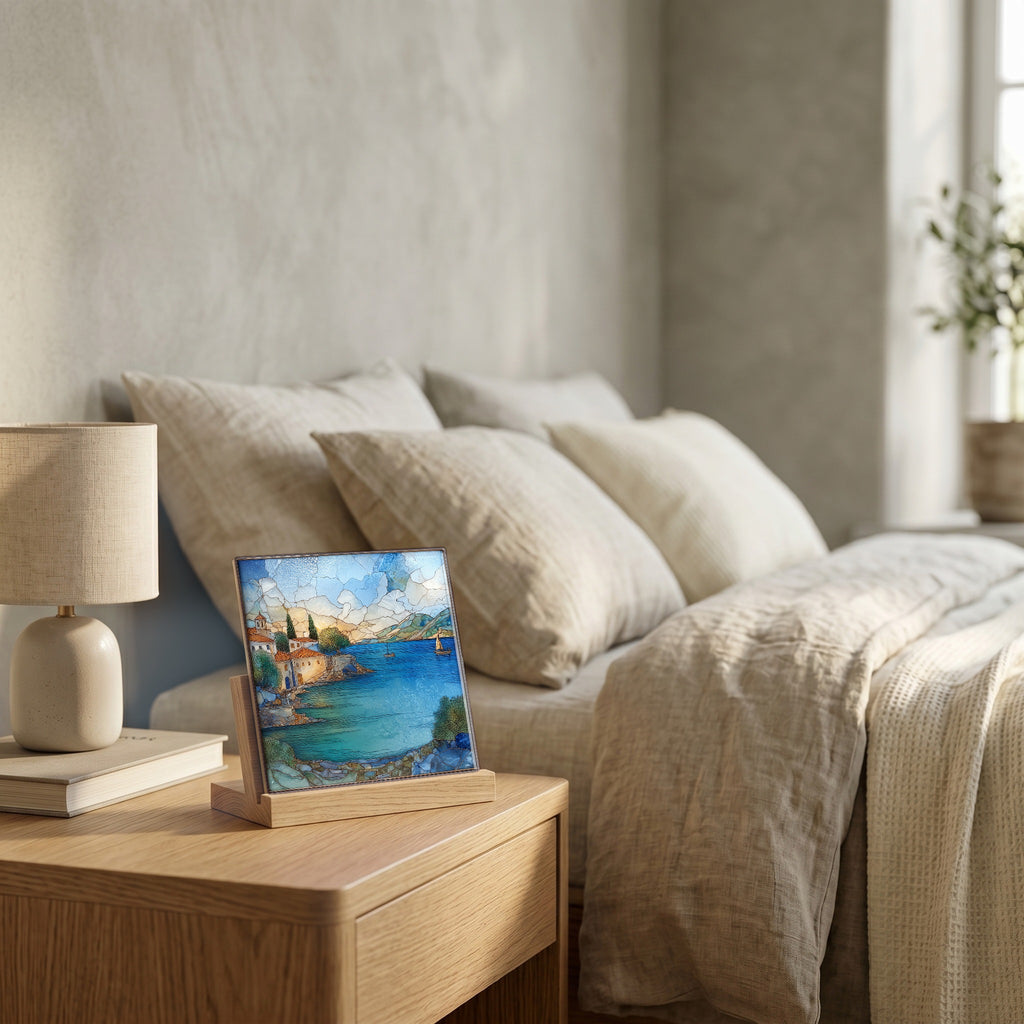 On the nightstand, catching the morning.