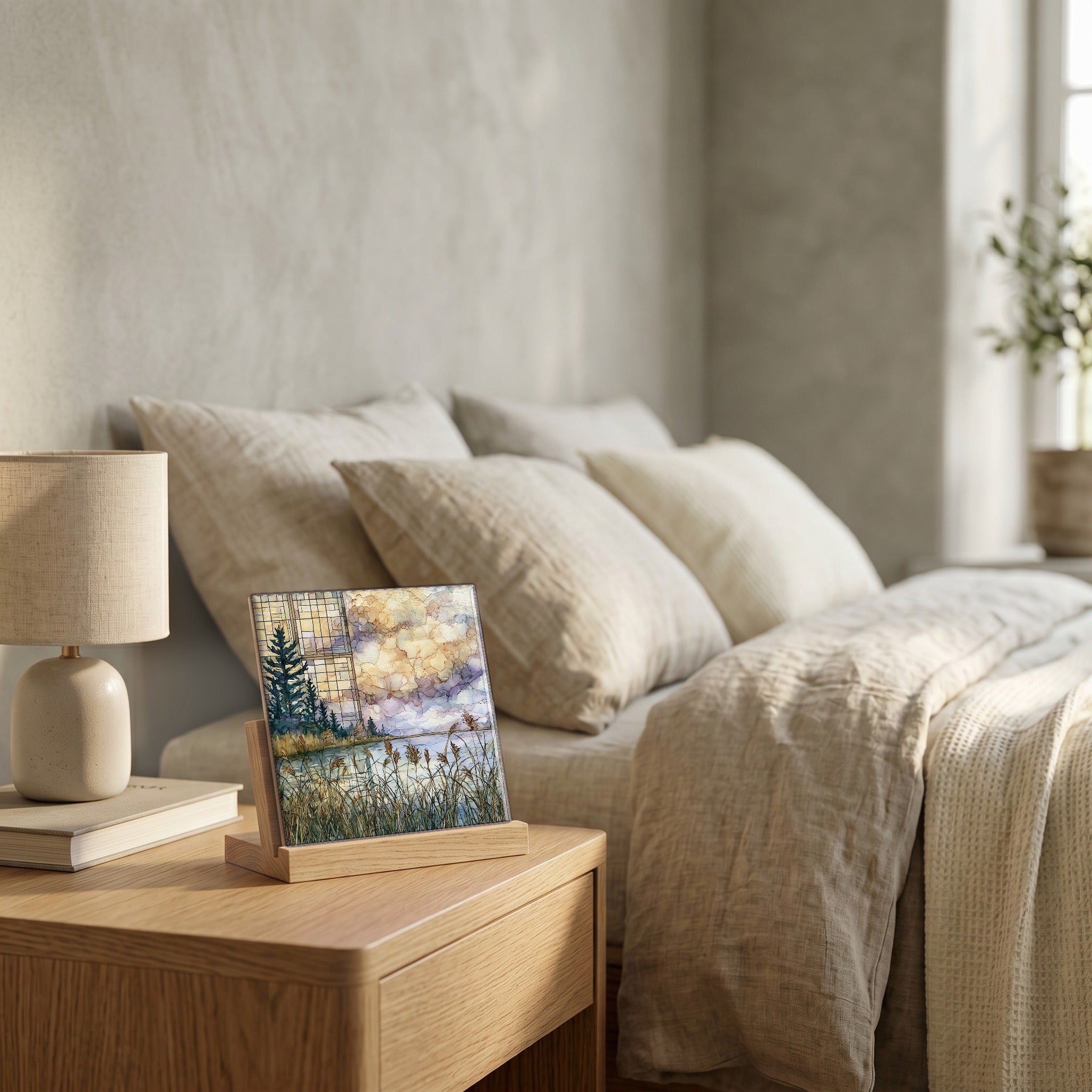 On the nightstand, catching the morning.