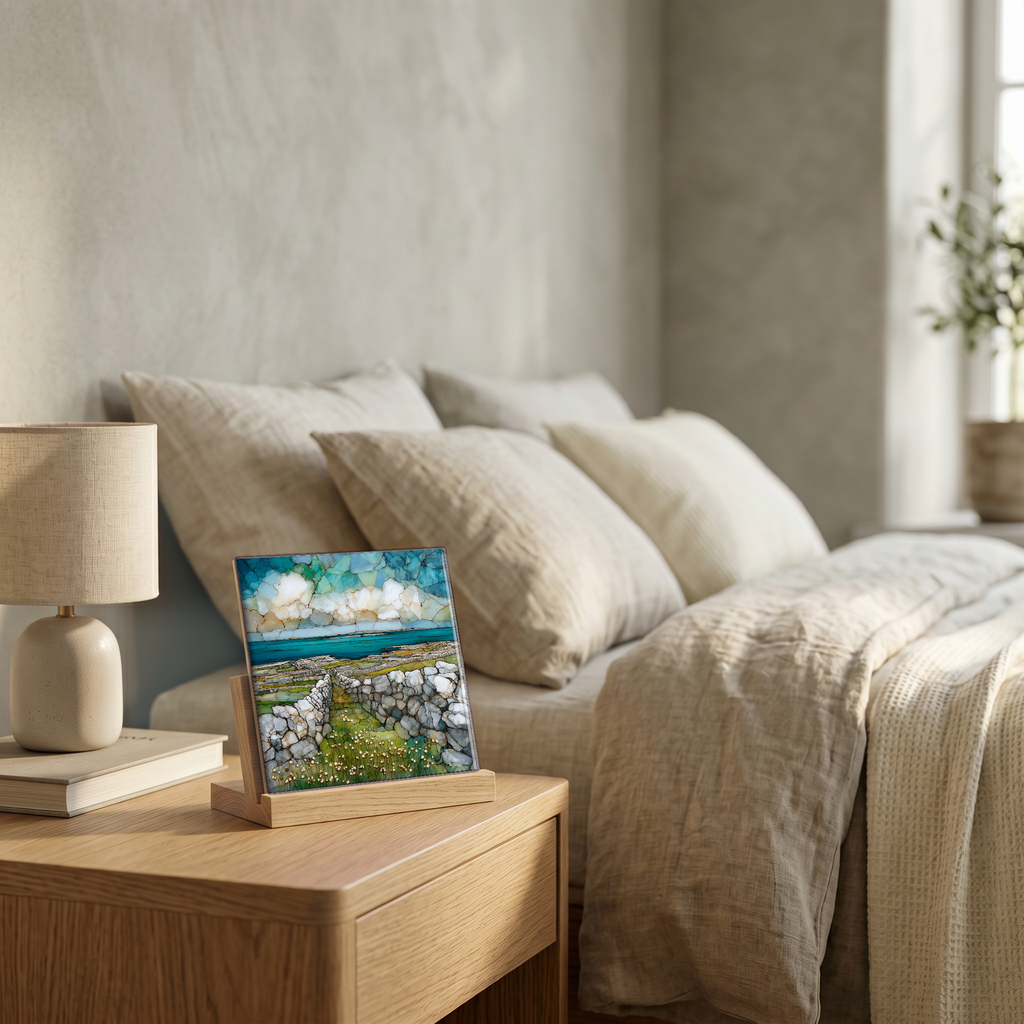 On the nightstand, on a light oak stand.