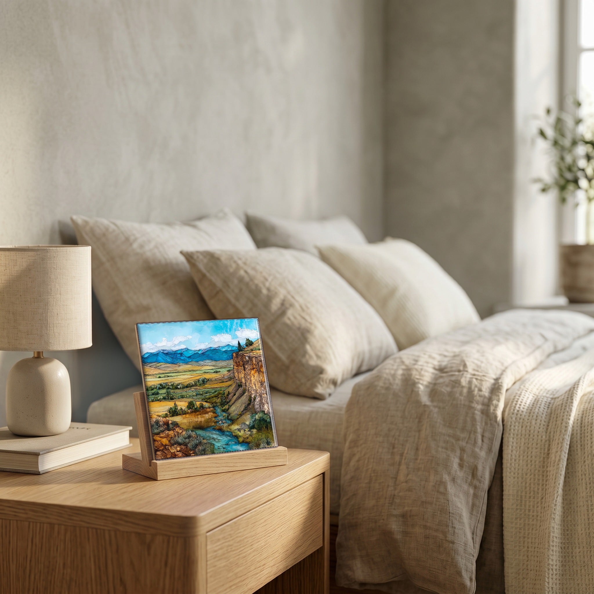 On the nightstand, catching the morning.