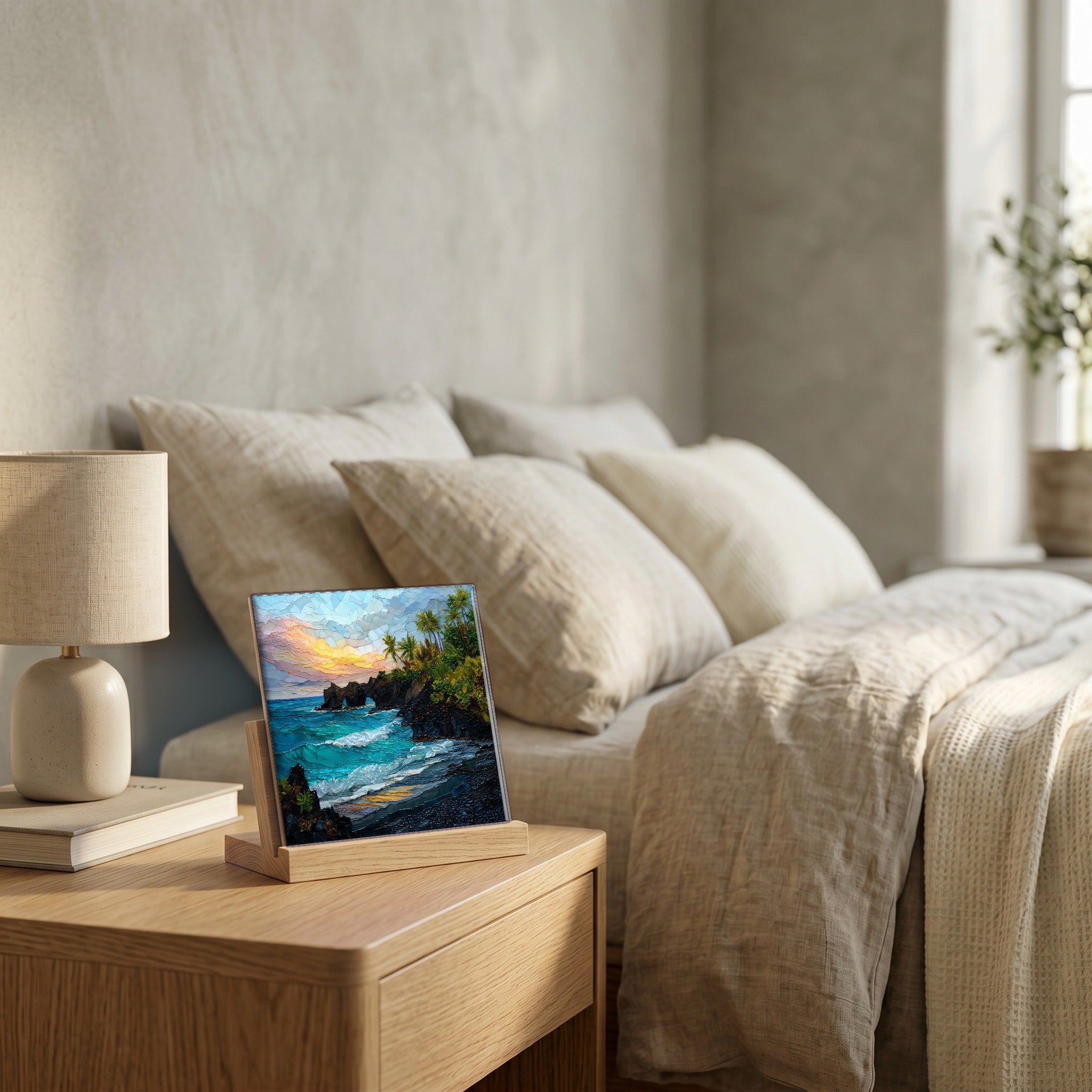 On the nightstand, on a light oak stand.