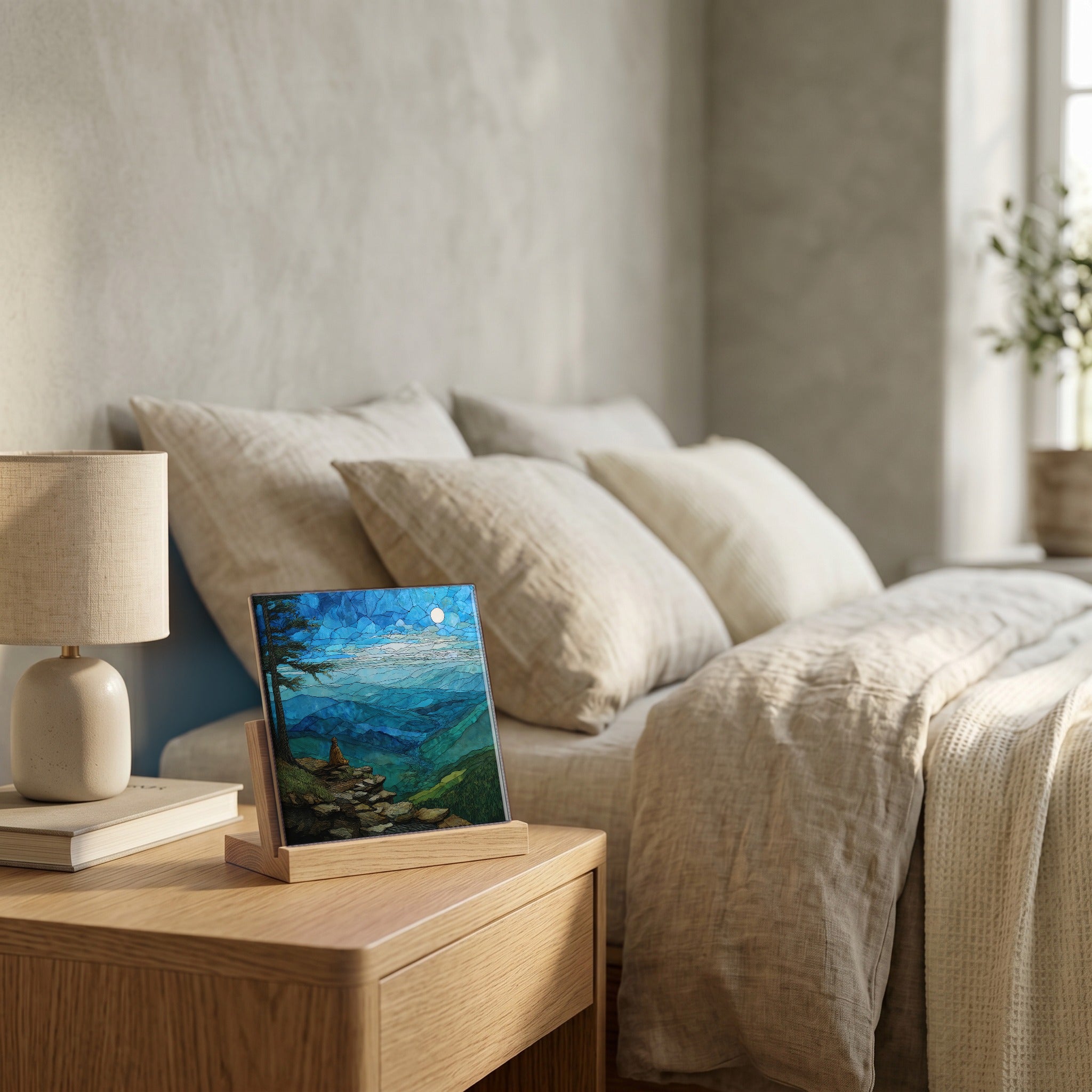 On the nightstand, catching the morning.