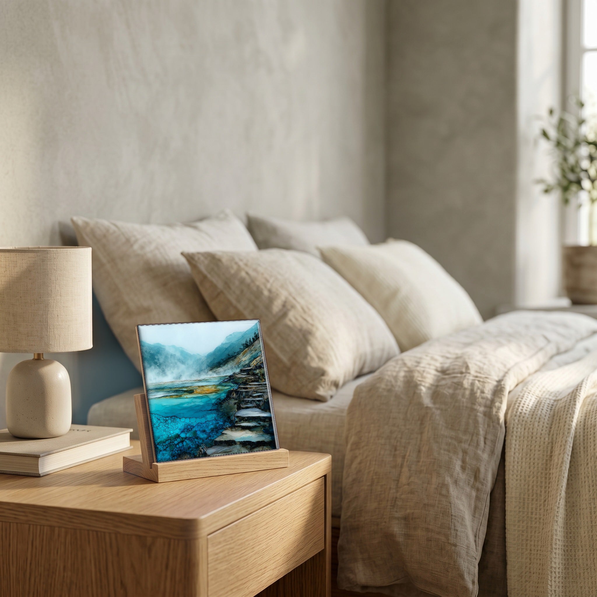 On the nightstand, catching the morning.