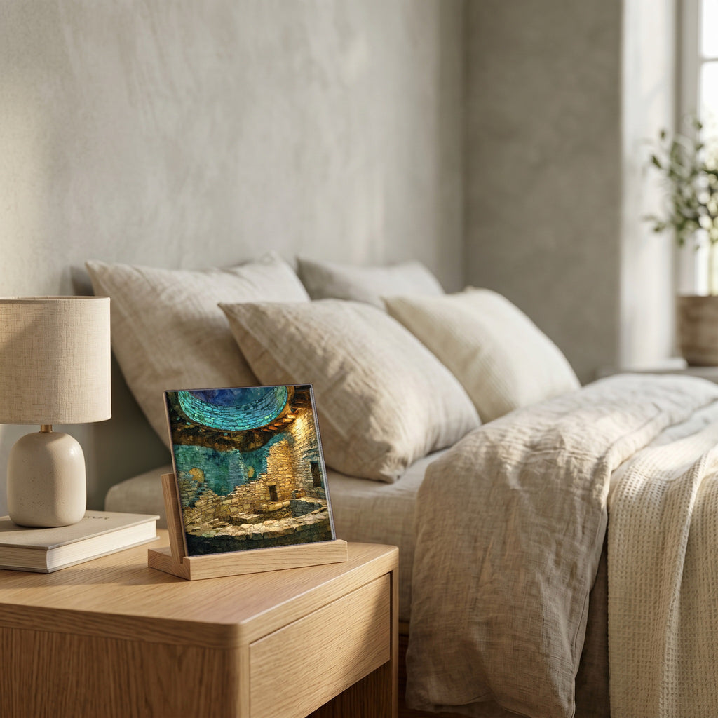 On the nightstand, catching the morning.
