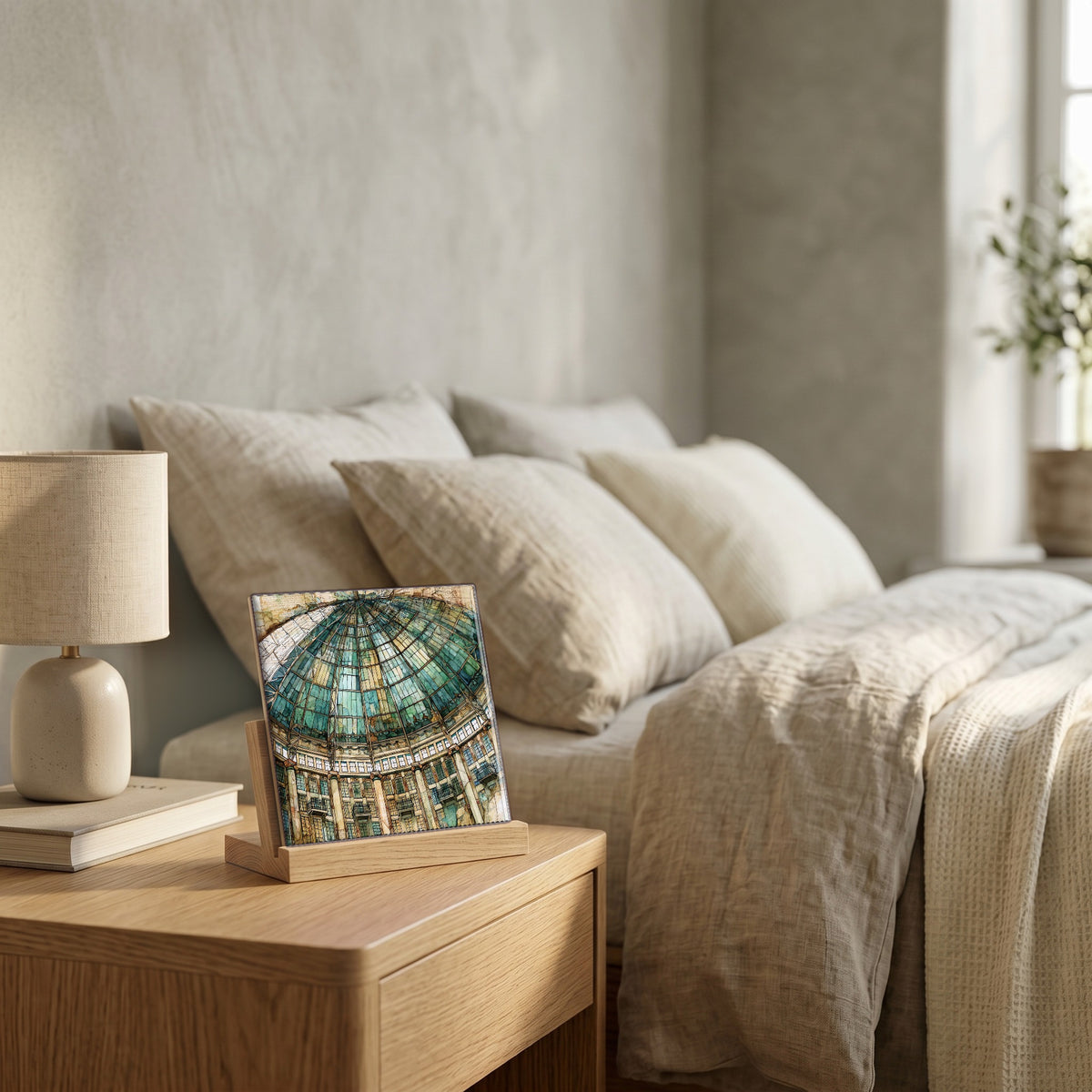 On the nightstand, catching the morning.