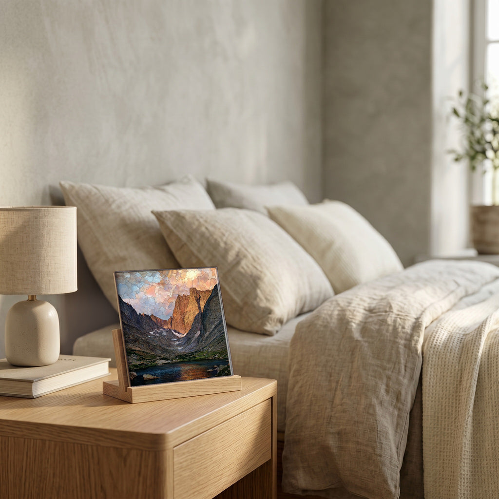 On the nightstand, on a light oak stand.