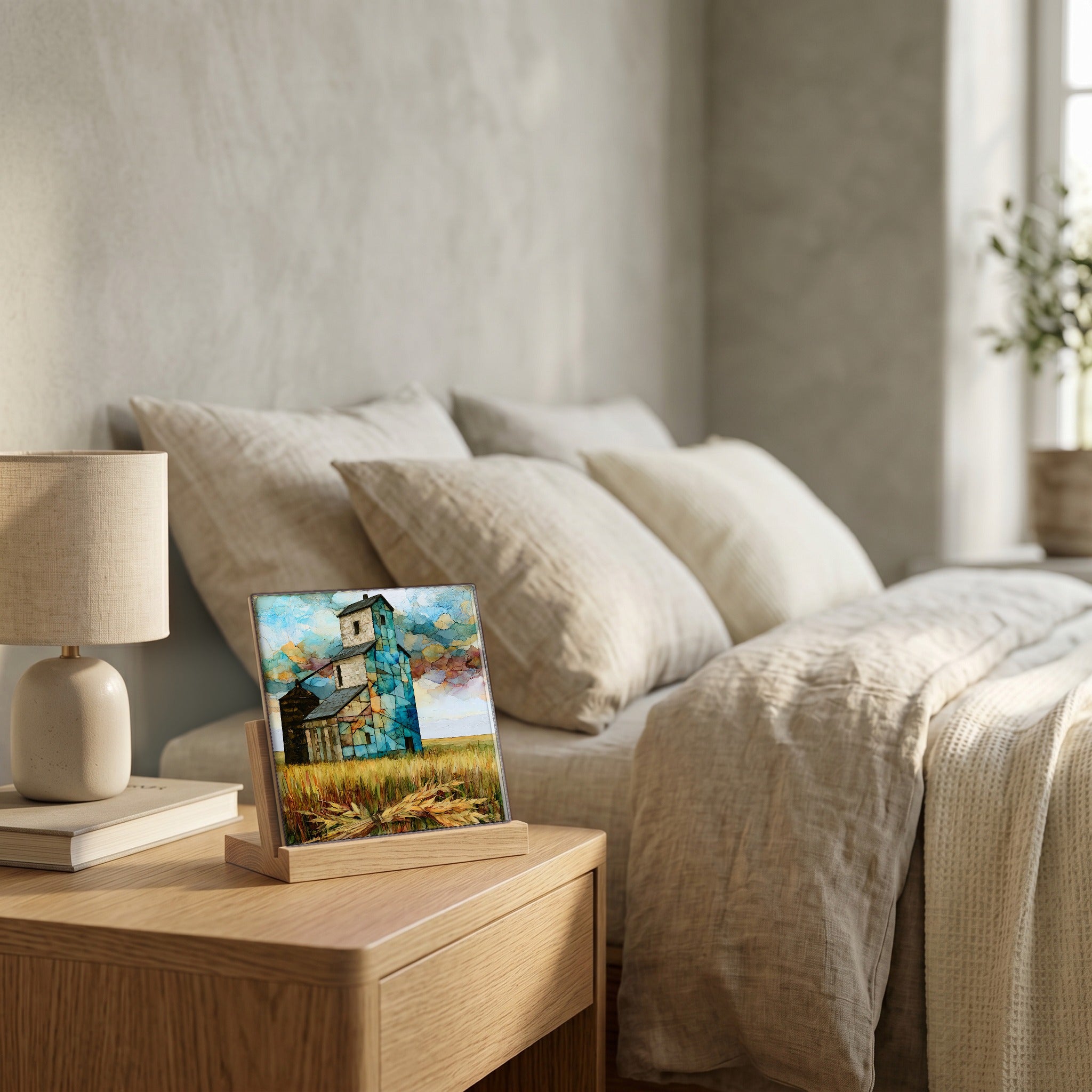 On the nightstand, catching the morning.