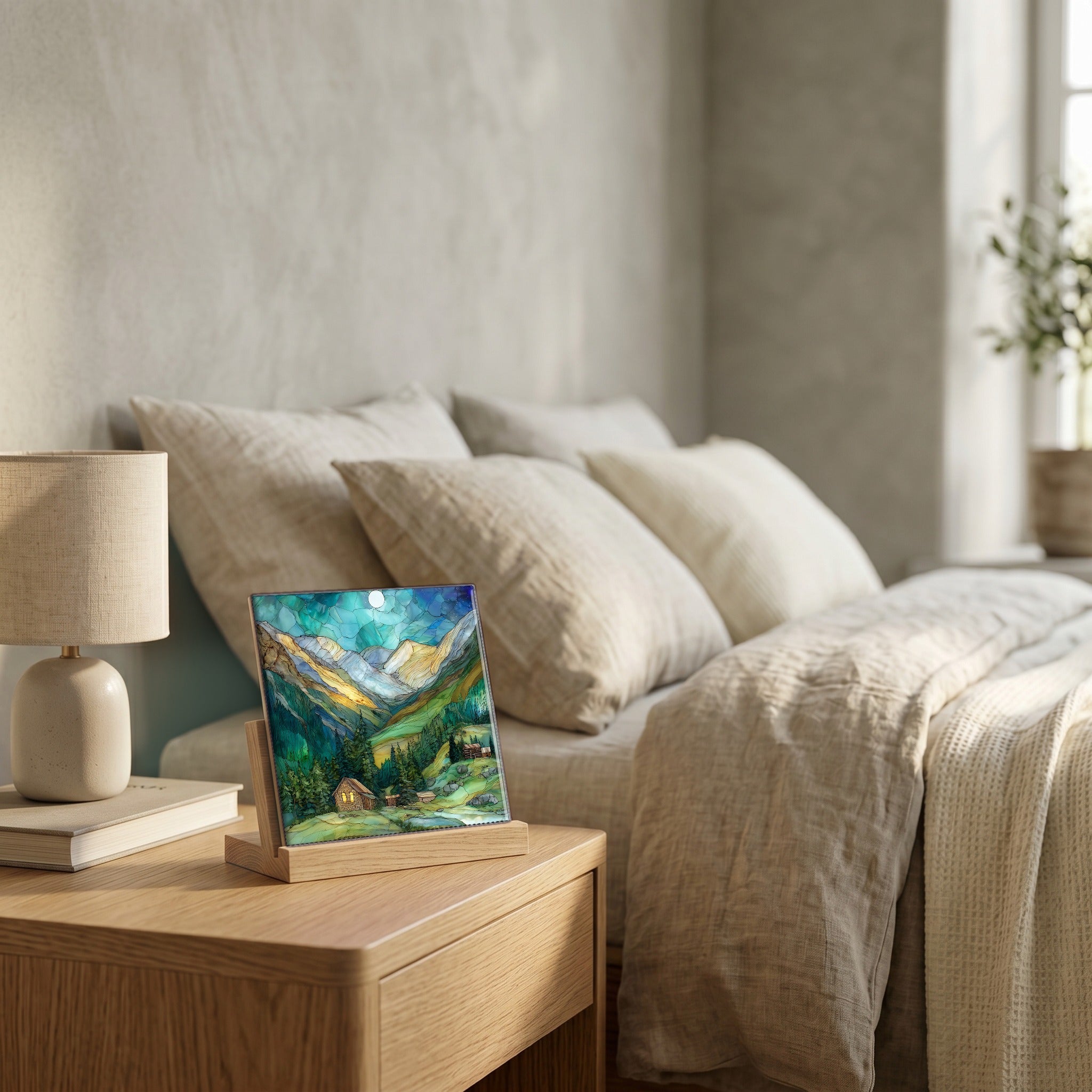 On the nightstand, catching the morning.