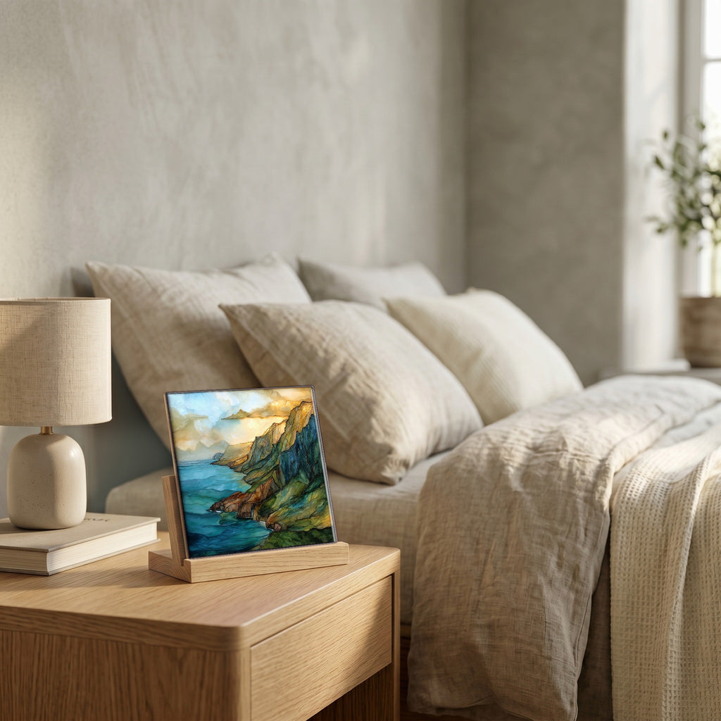 On the nightstand, on a light oak stand.