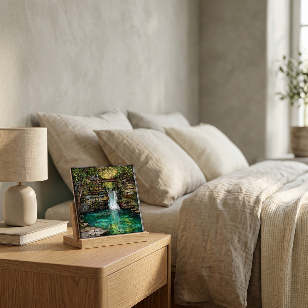 On the nightstand, catching the morning.