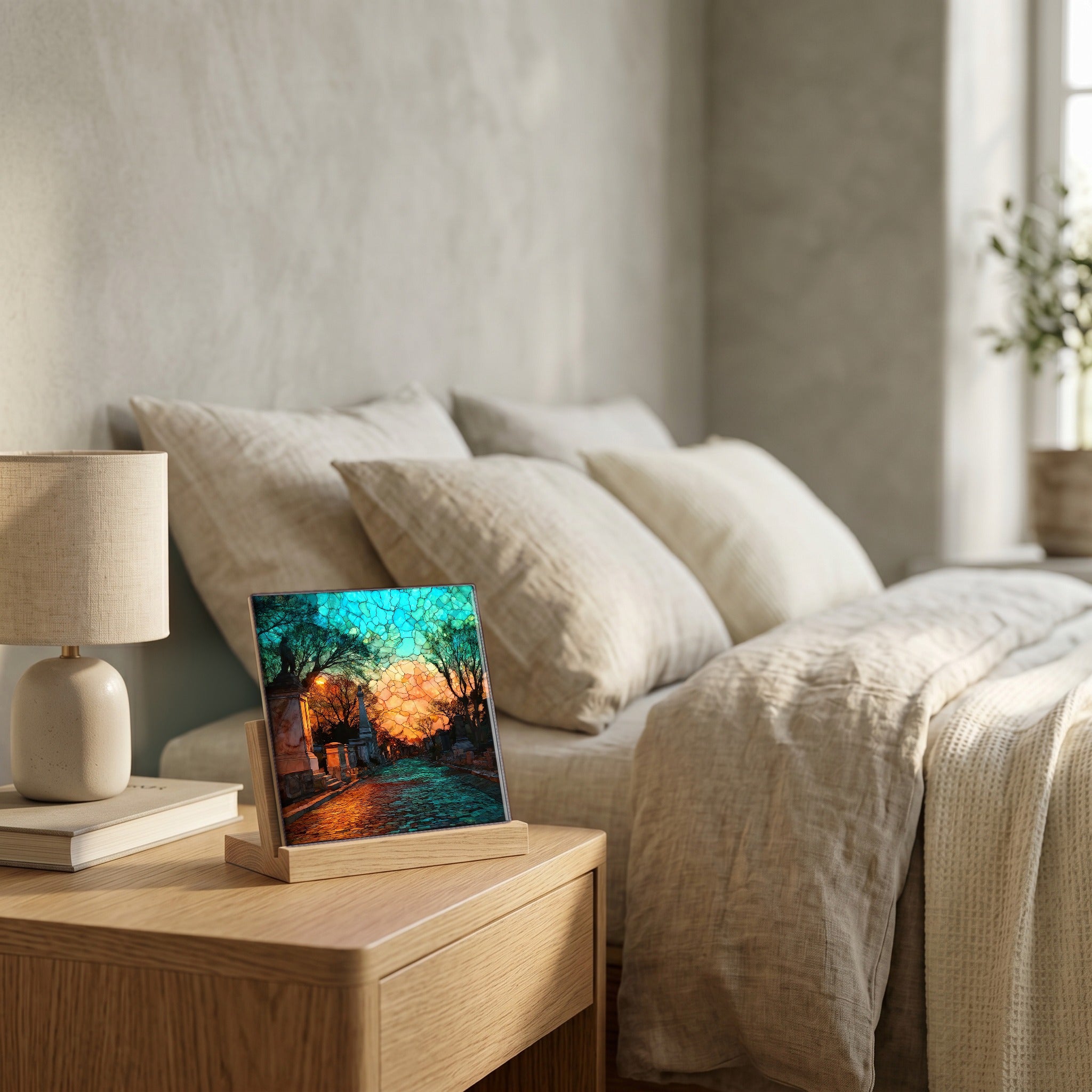 On the nightstand, on a light oak stand.