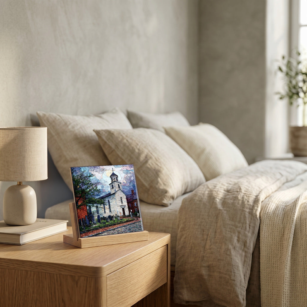 On the nightstand, catching the morning.