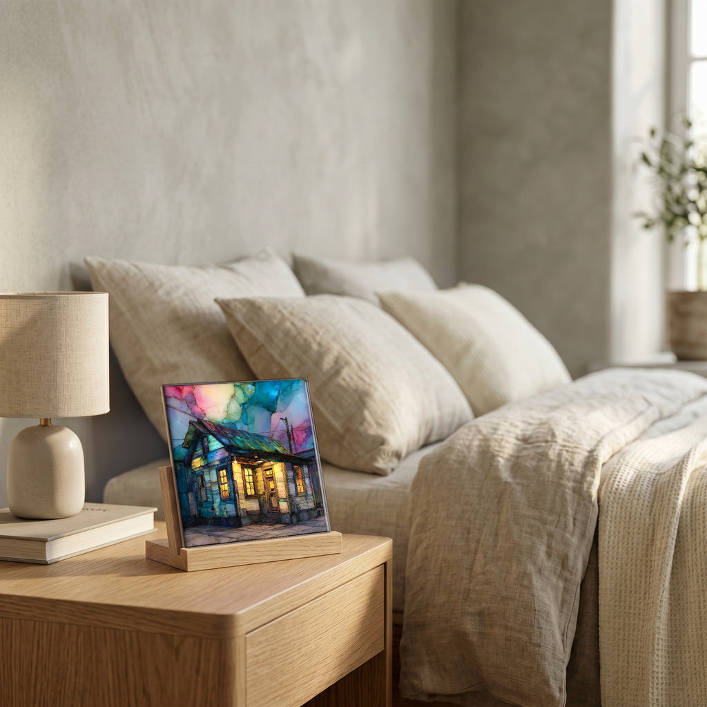 On the nightstand, catching the morning.