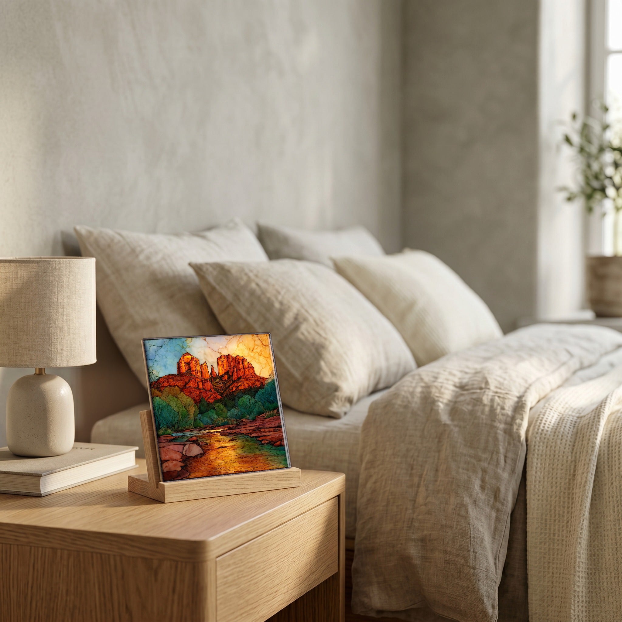 On the nightstand, catching the morning.