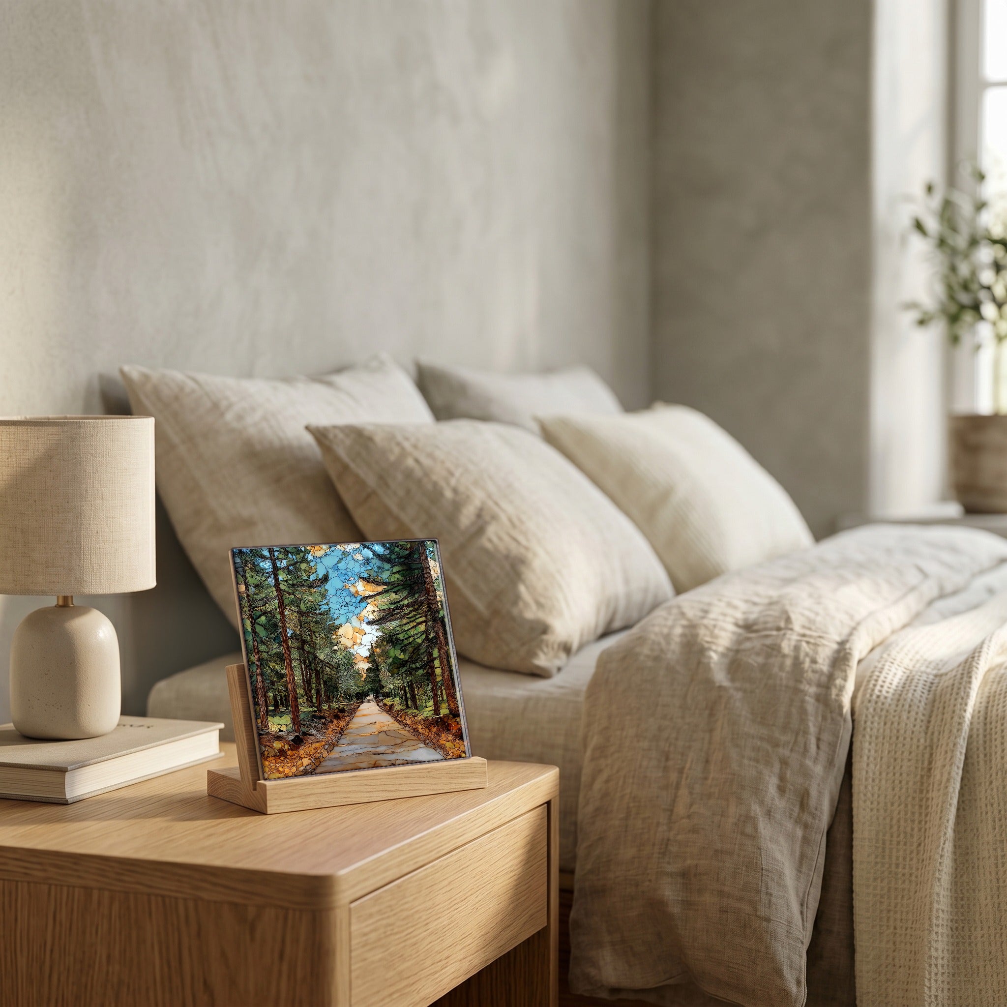 On the nightstand, catching the morning.