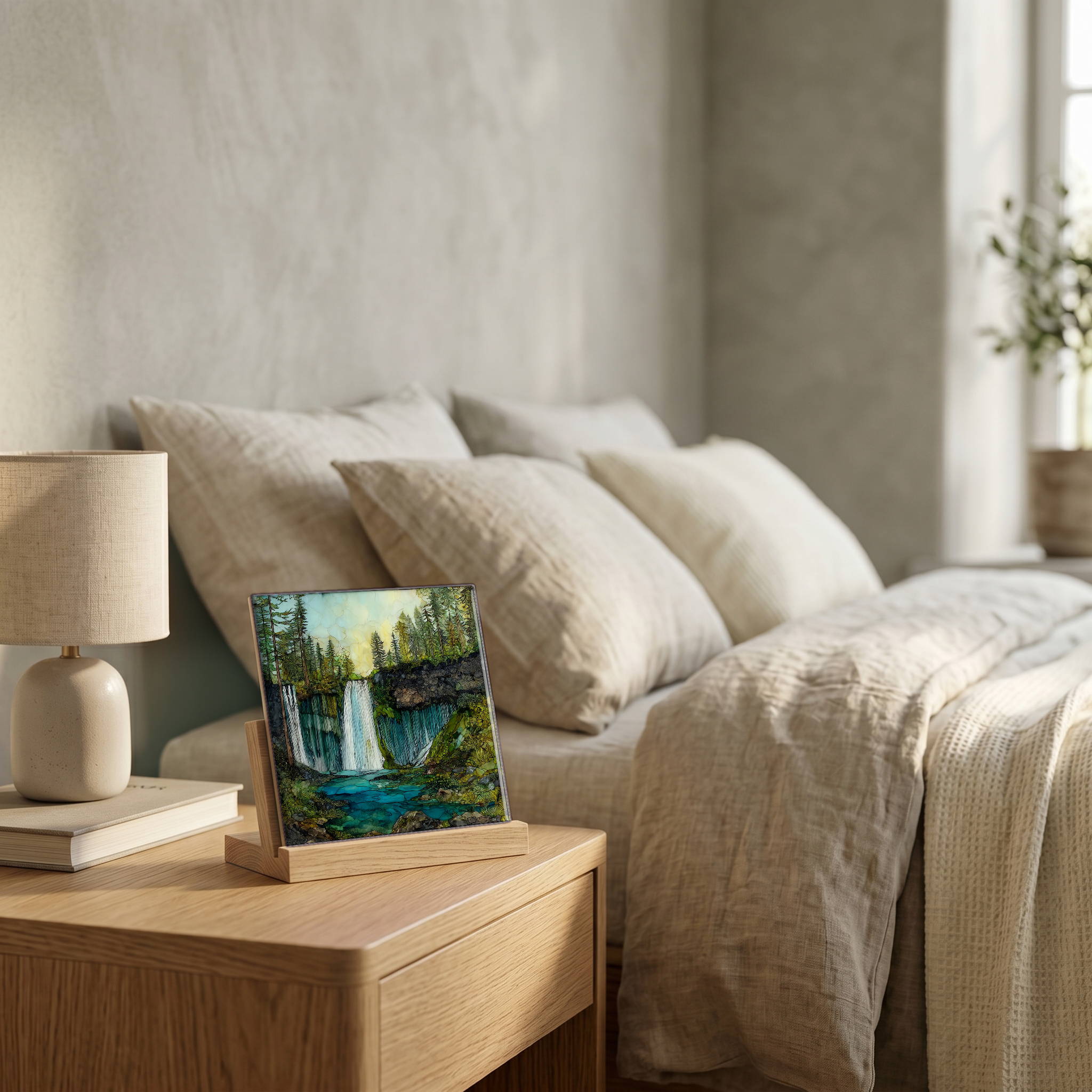 On the nightstand, on a light oak stand.