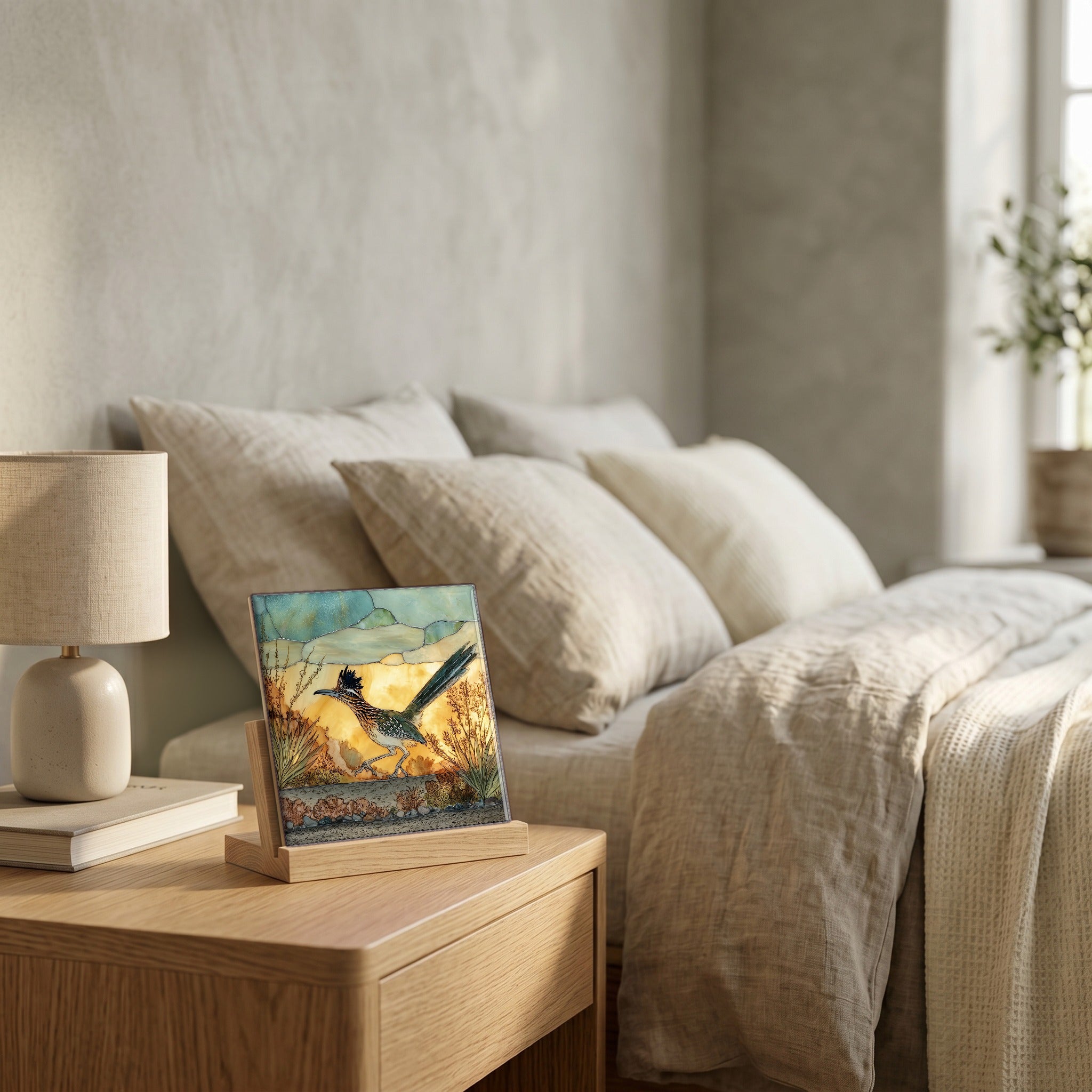 On the nightstand, catching the morning.
