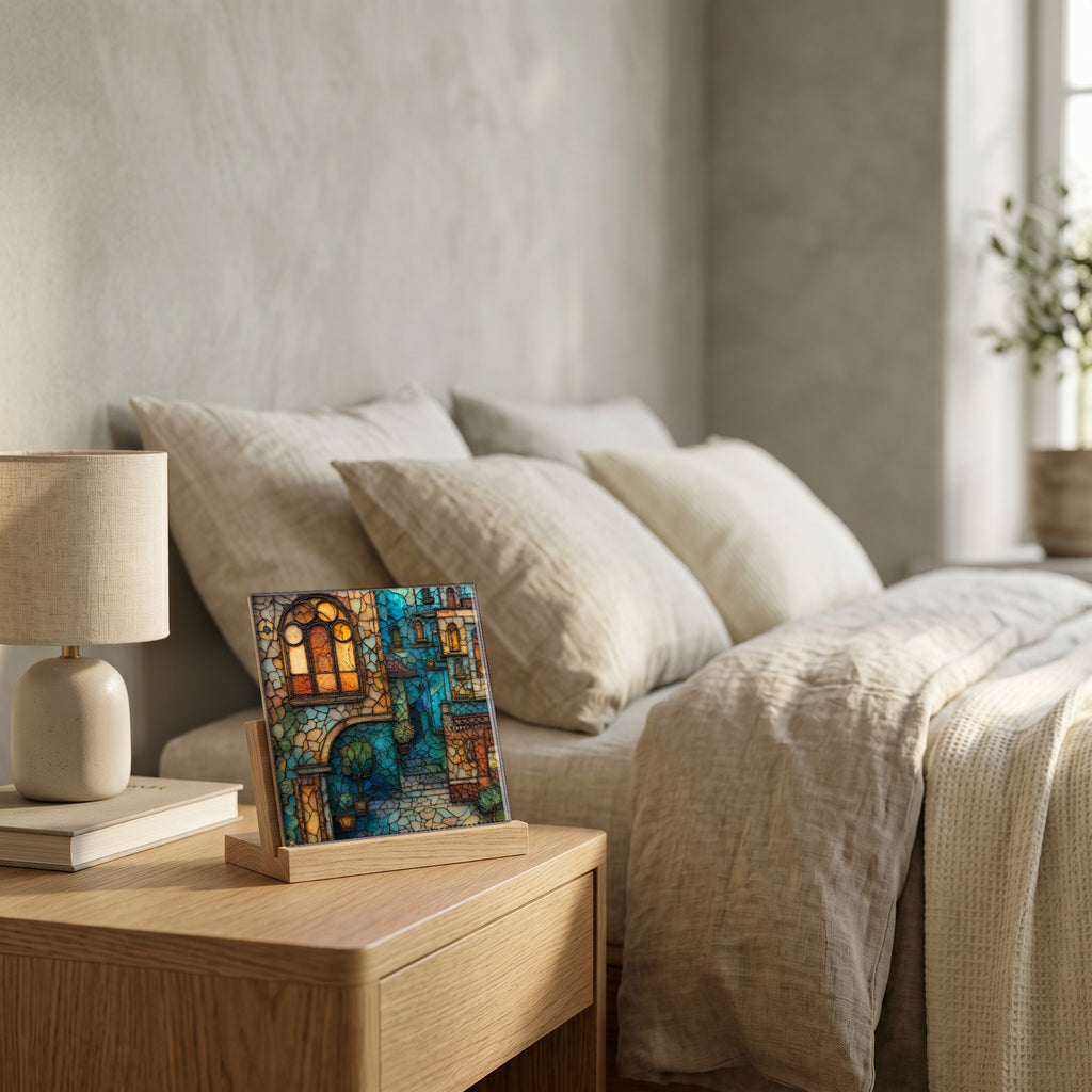 On the nightstand, catching the morning.