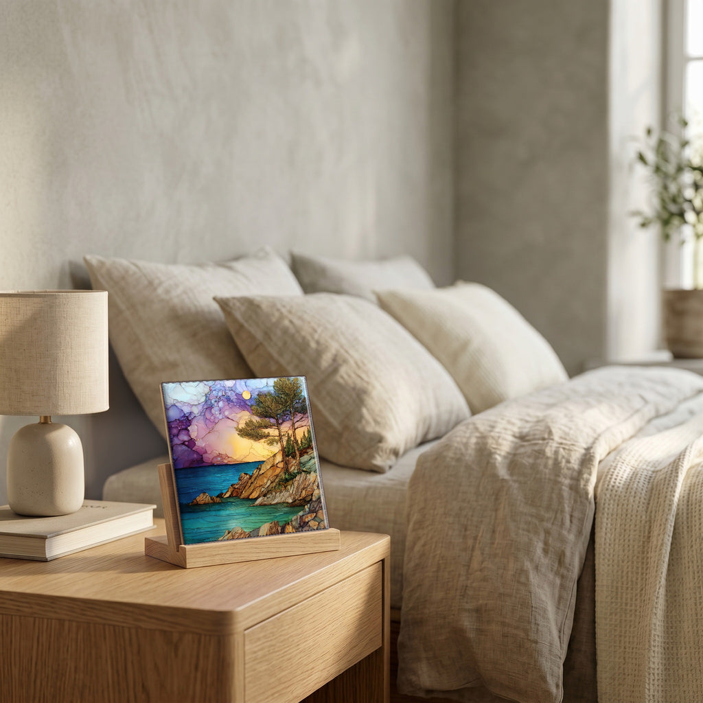 On the nightstand, on a light oak stand.