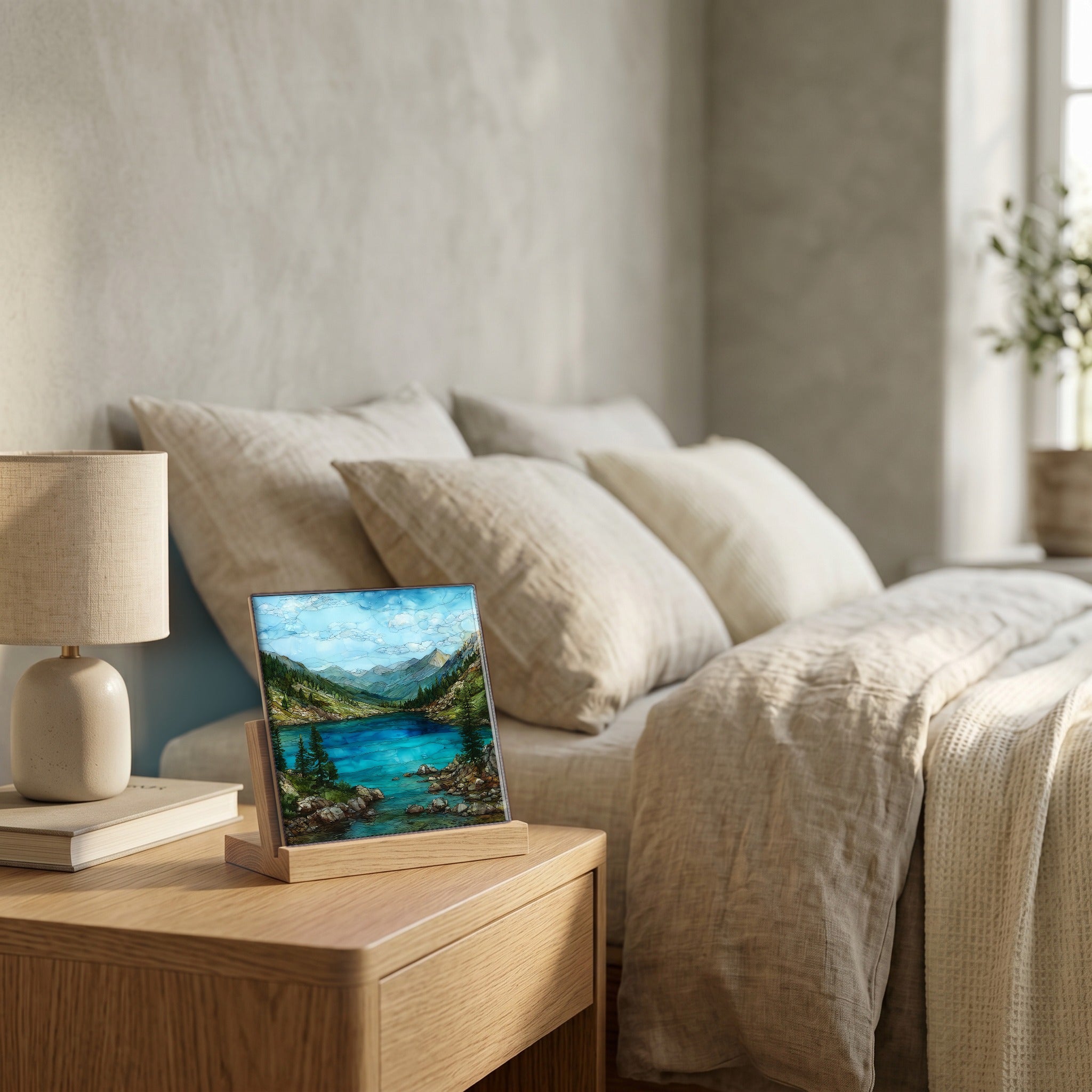 On the nightstand, catching the morning.