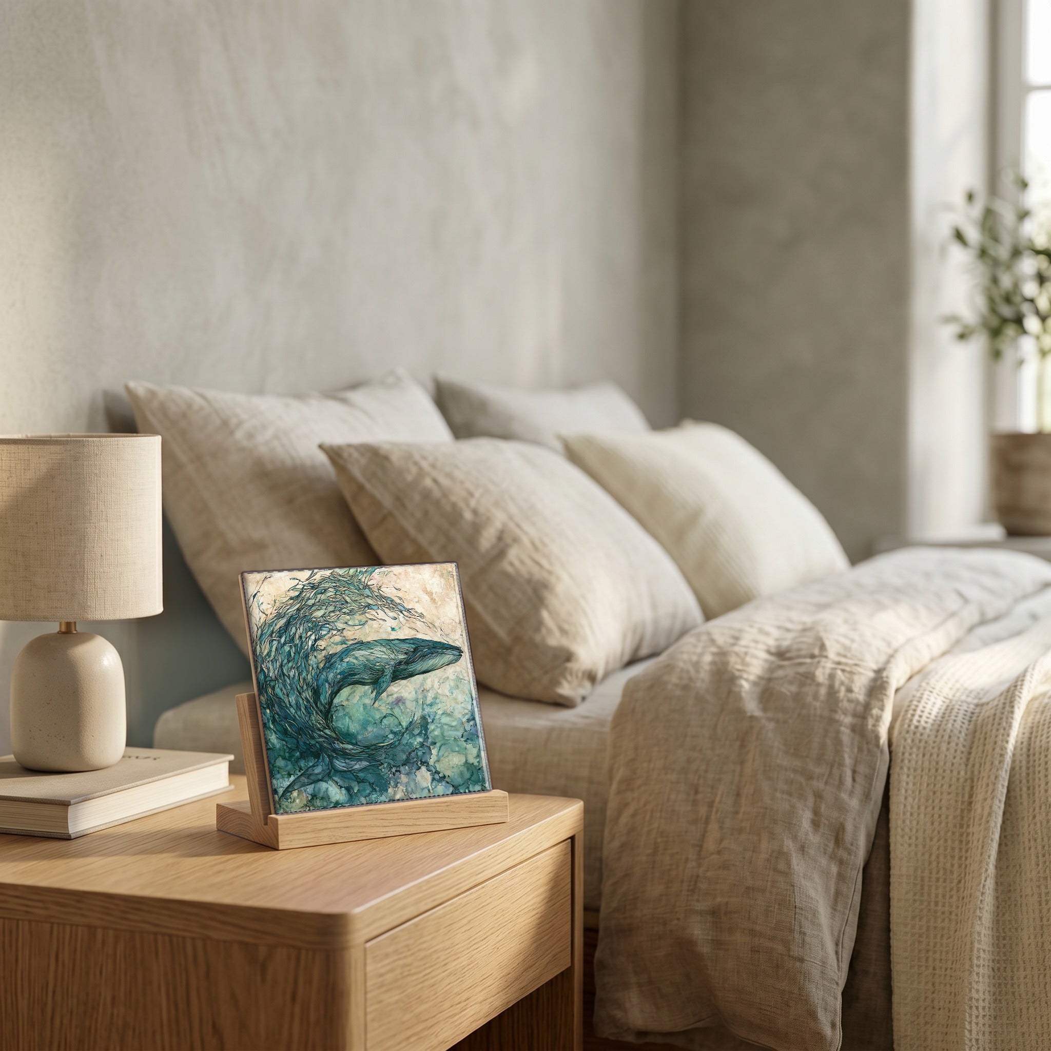On the nightstand, catching the morning.