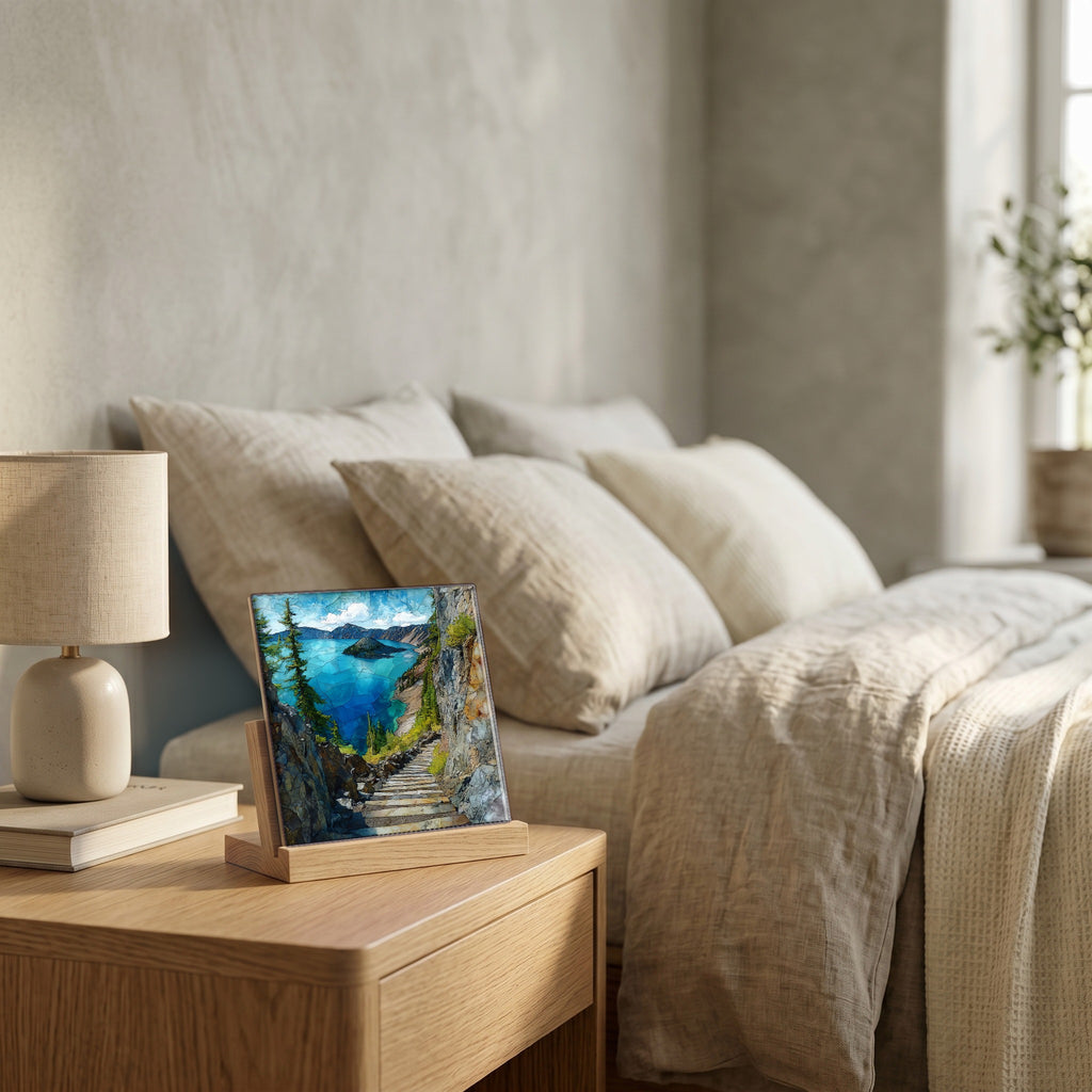 On the nightstand, catching the morning.