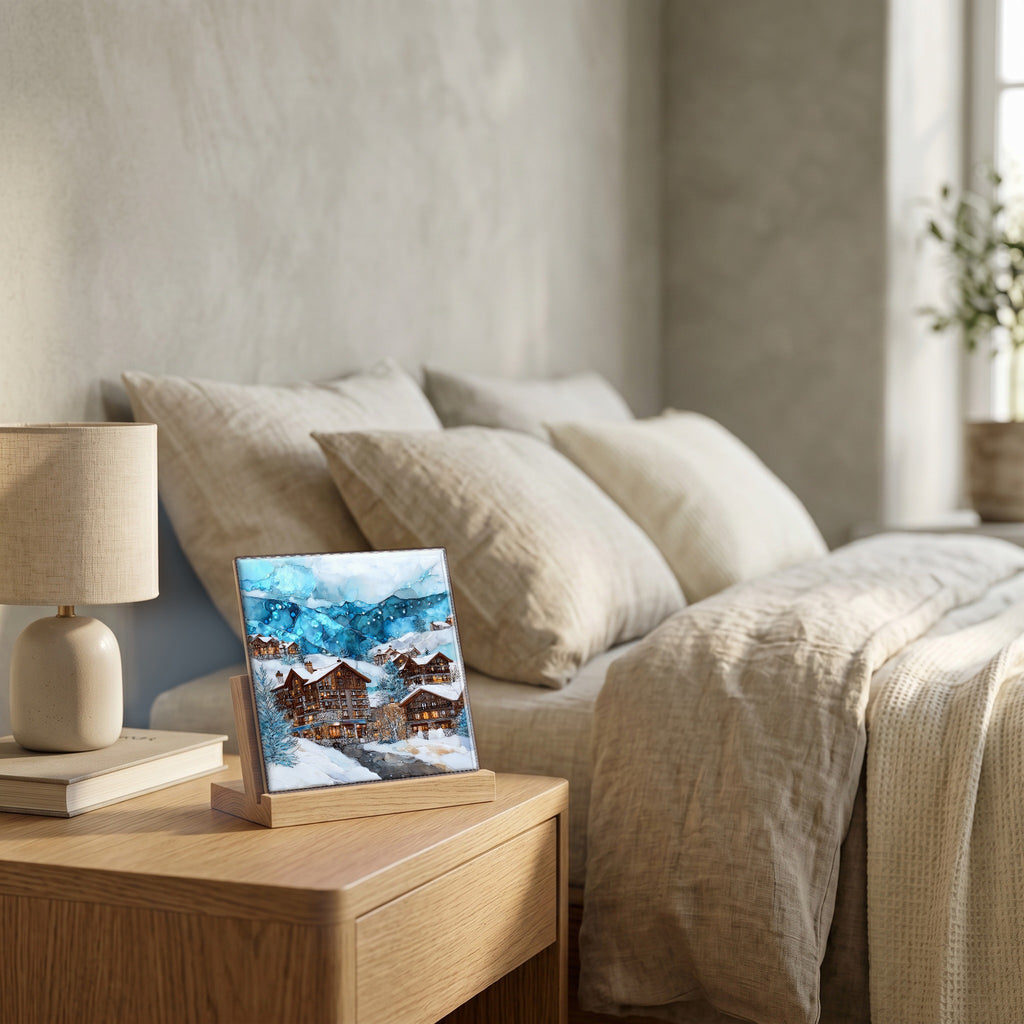 On the nightstand, on a light oak stand.