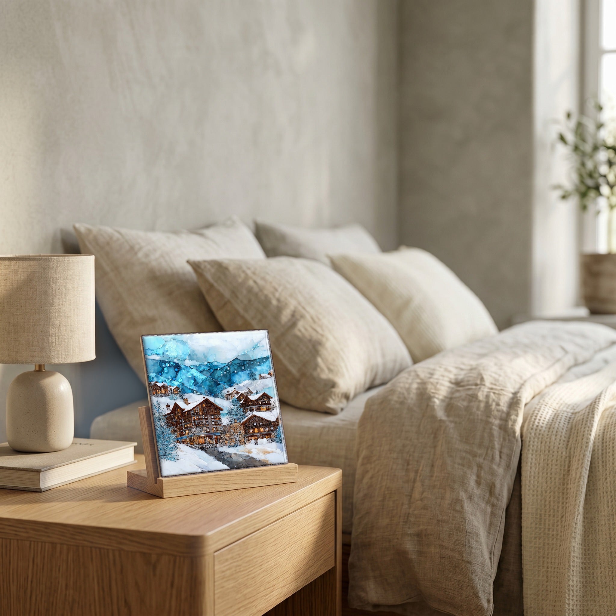 On the nightstand, on a light oak stand.