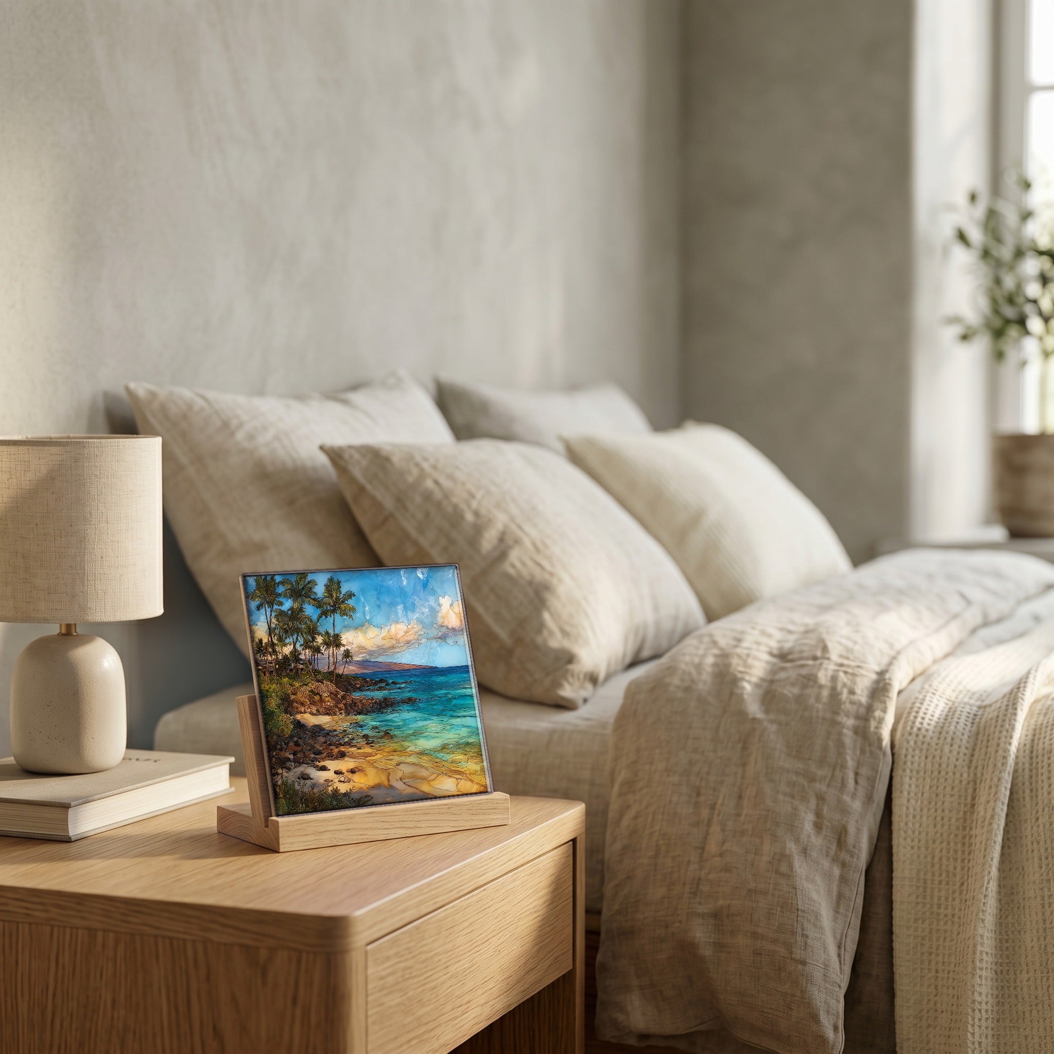 On the nightstand, on a light oak stand.