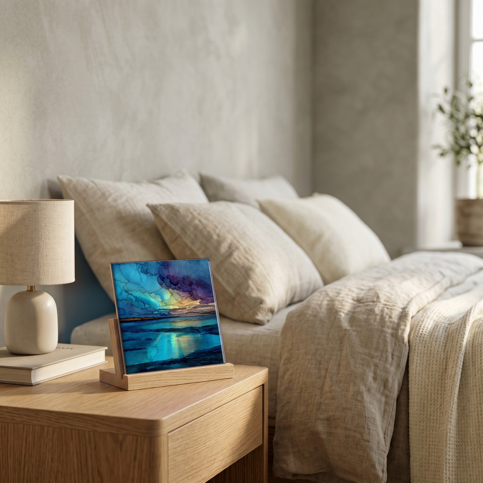 On the nightstand, catching the morning.