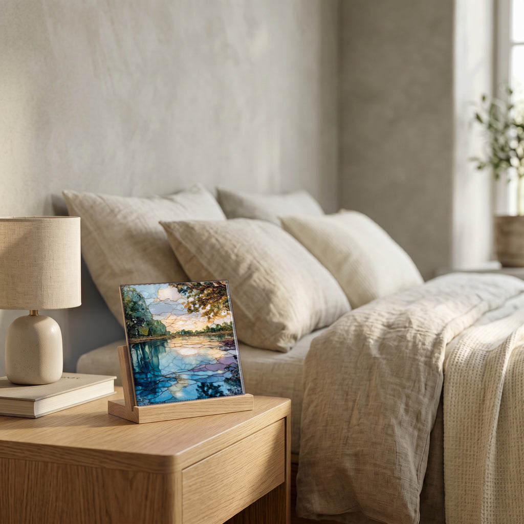 On the nightstand, on a light oak stand.