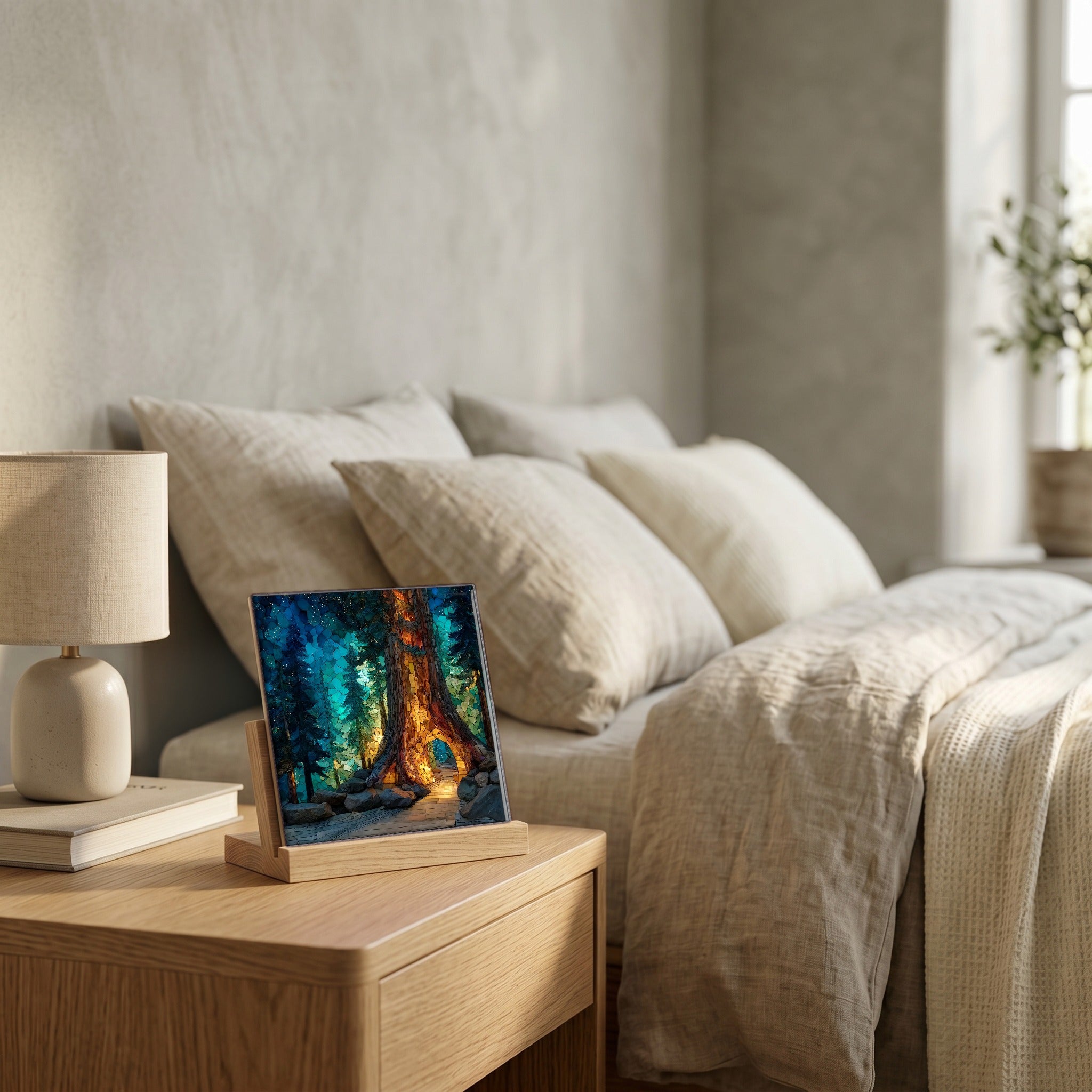 On the nightstand, catching the morning.