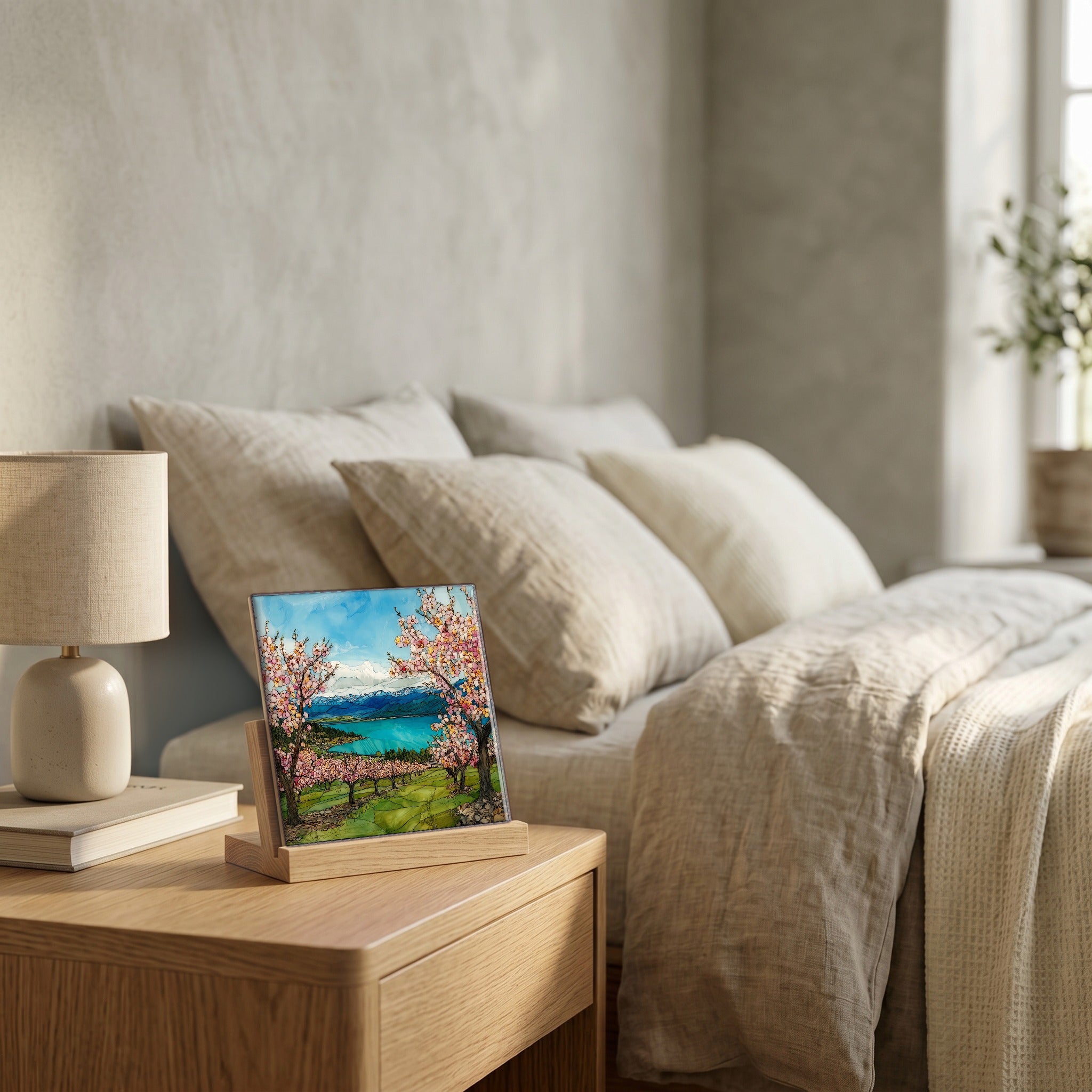 On the nightstand, catching the morning.