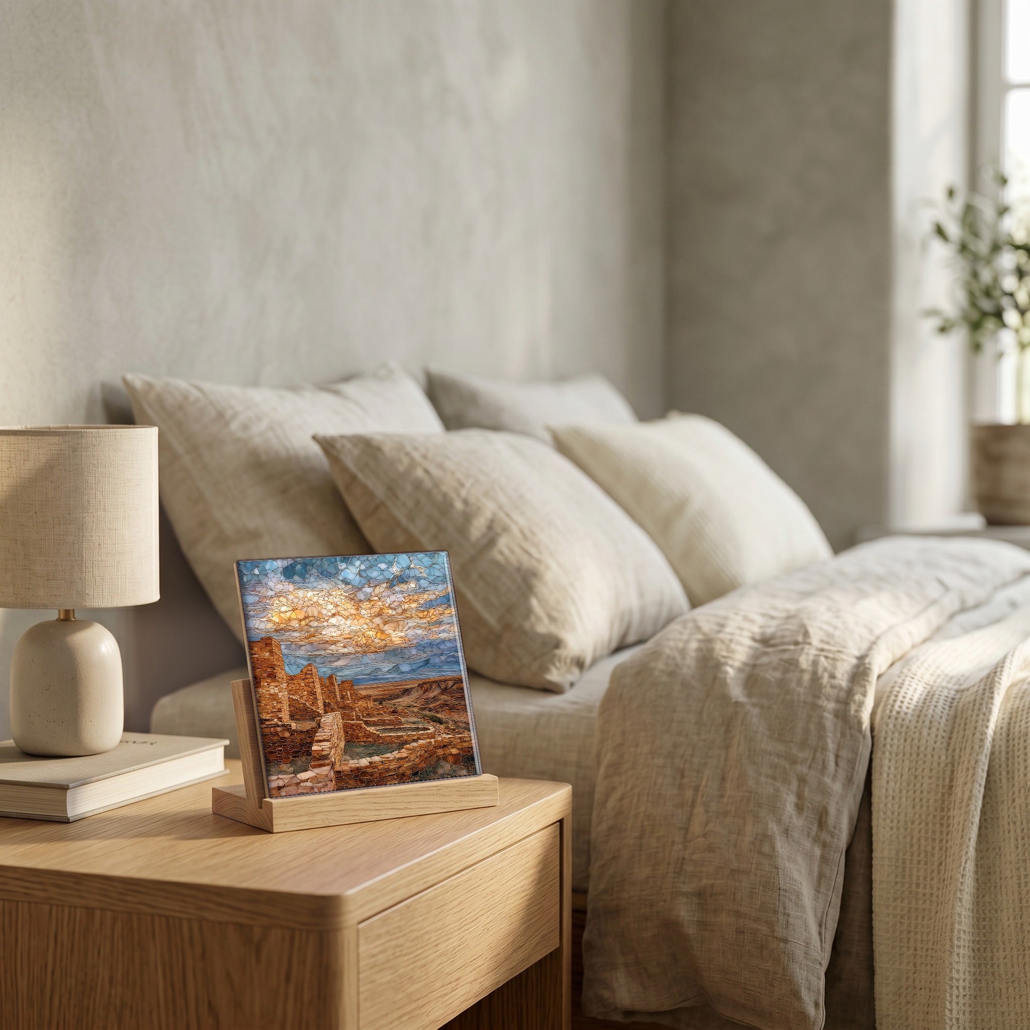 On the nightstand, catching the morning.