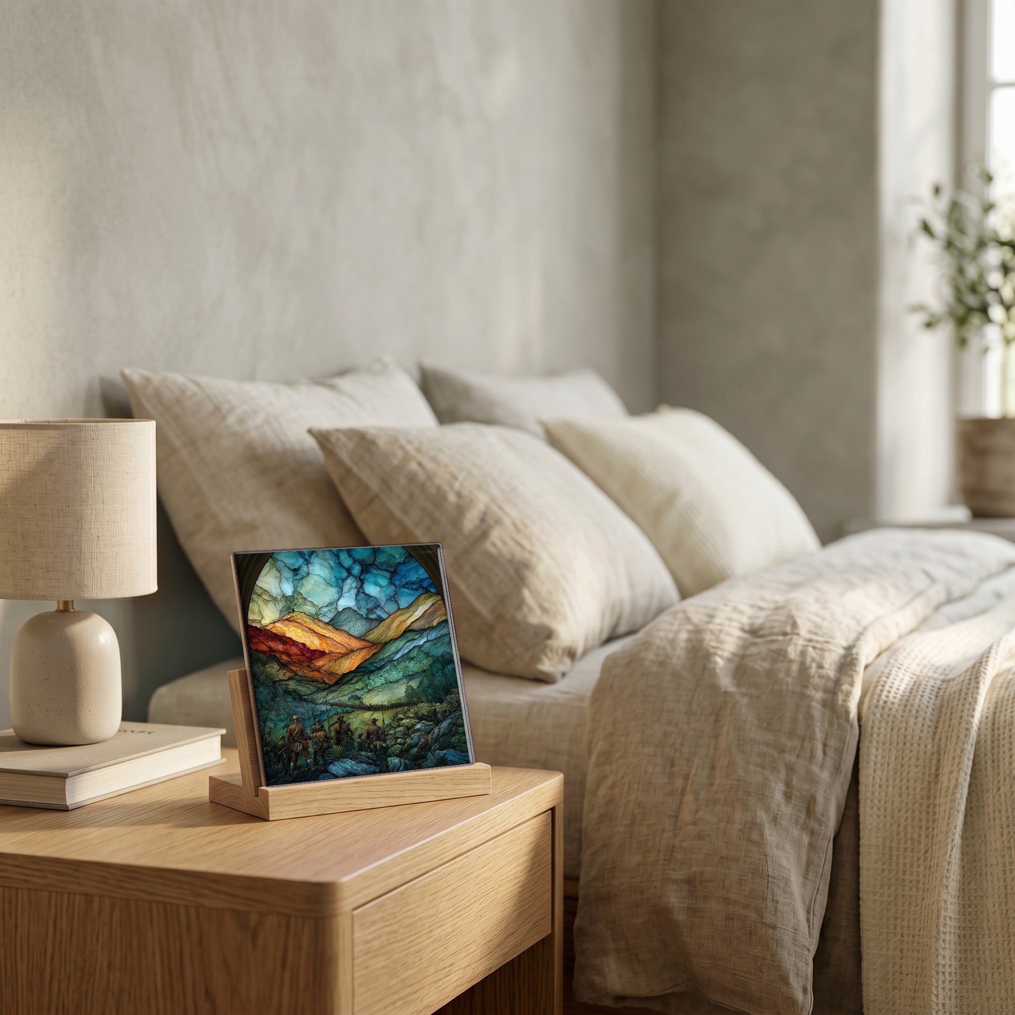On the nightstand, catching the morning.