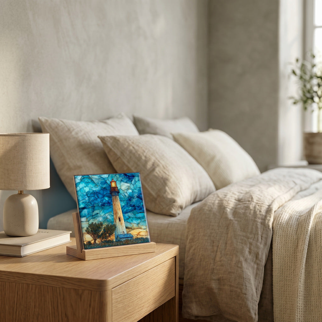 On the nightstand, catching the morning.