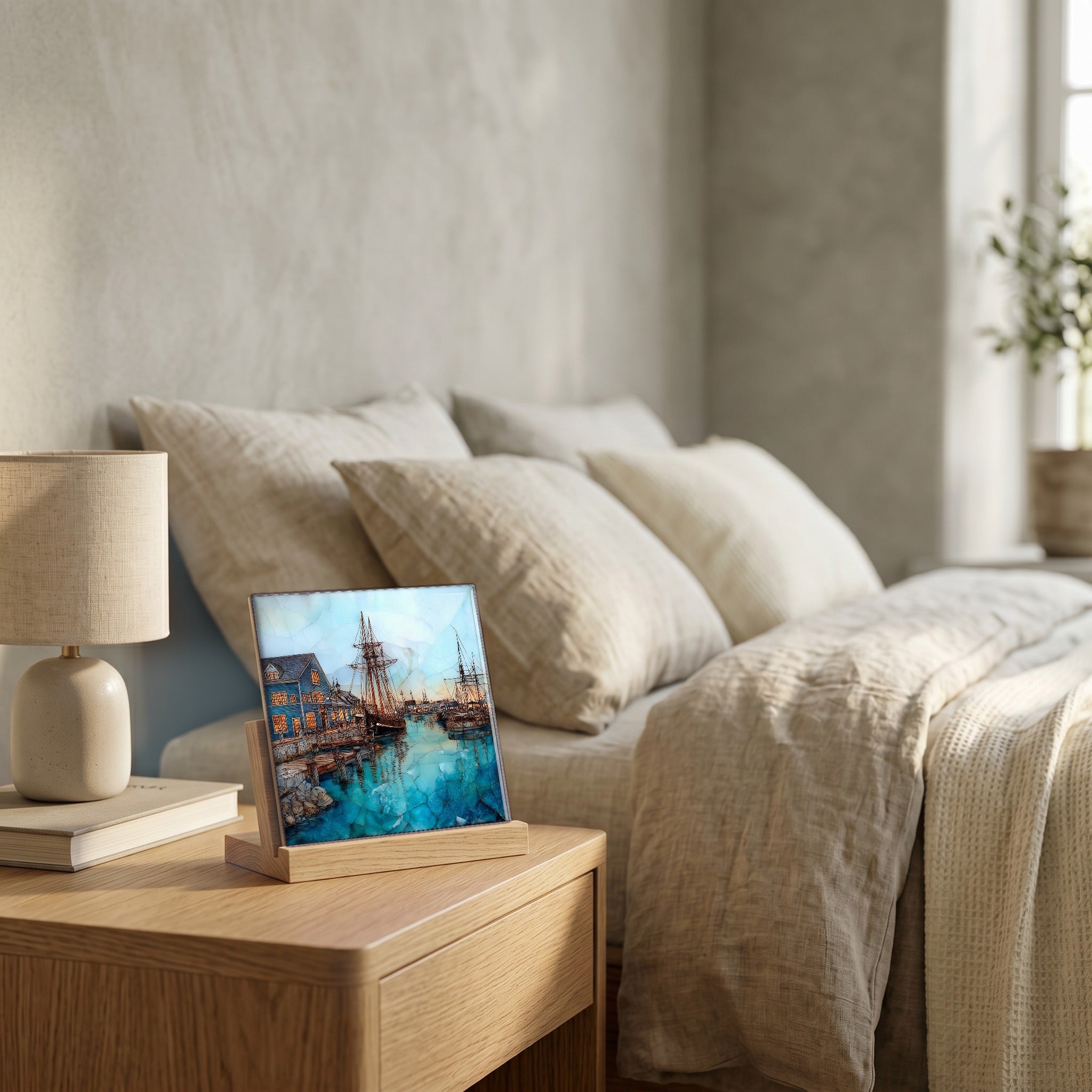 On the nightstand, catching the morning.