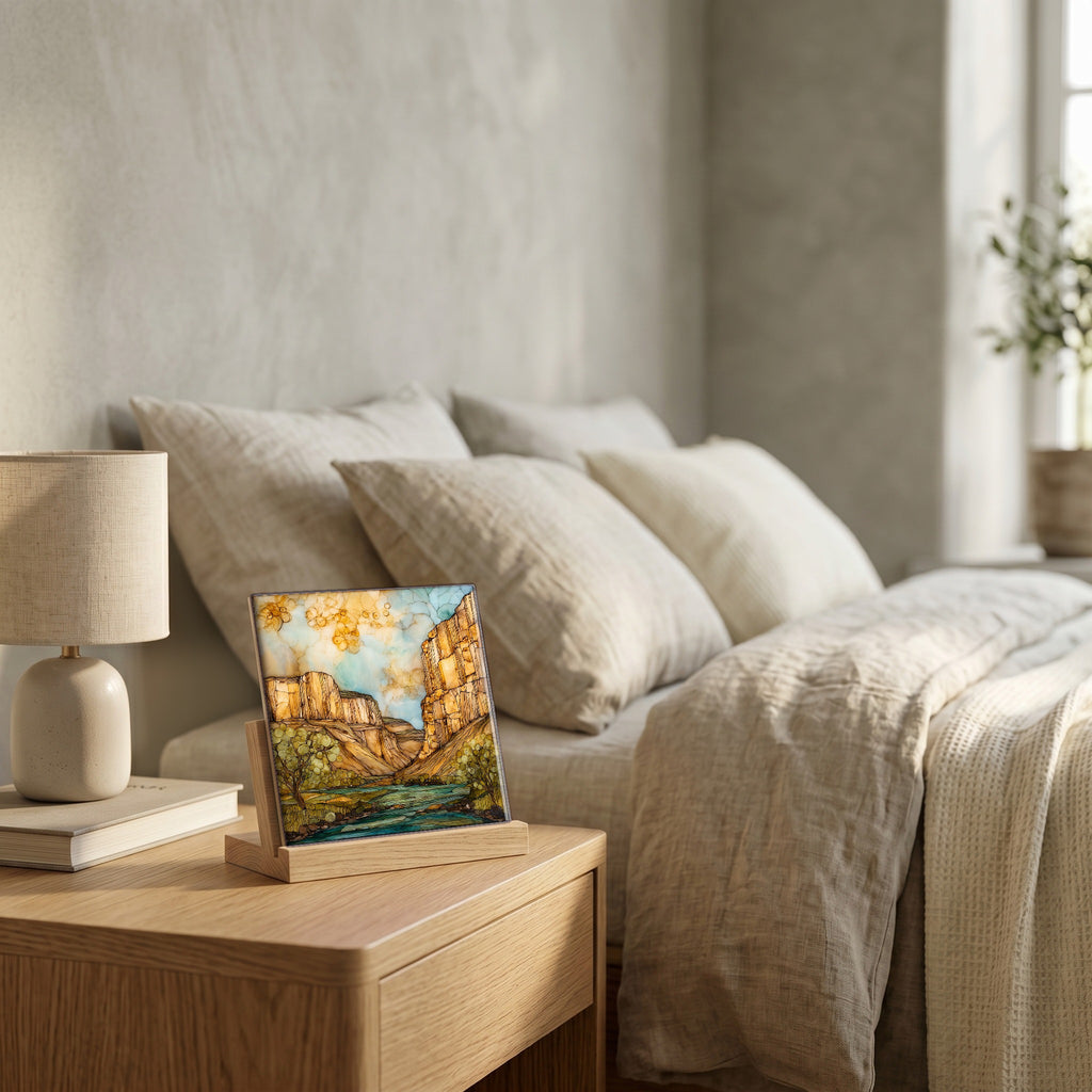 On the nightstand, on a light oak stand.