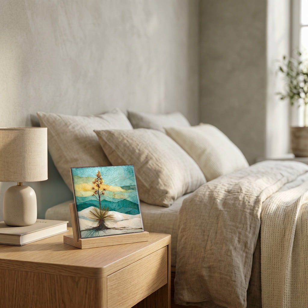 On the nightstand, catching the morning.
