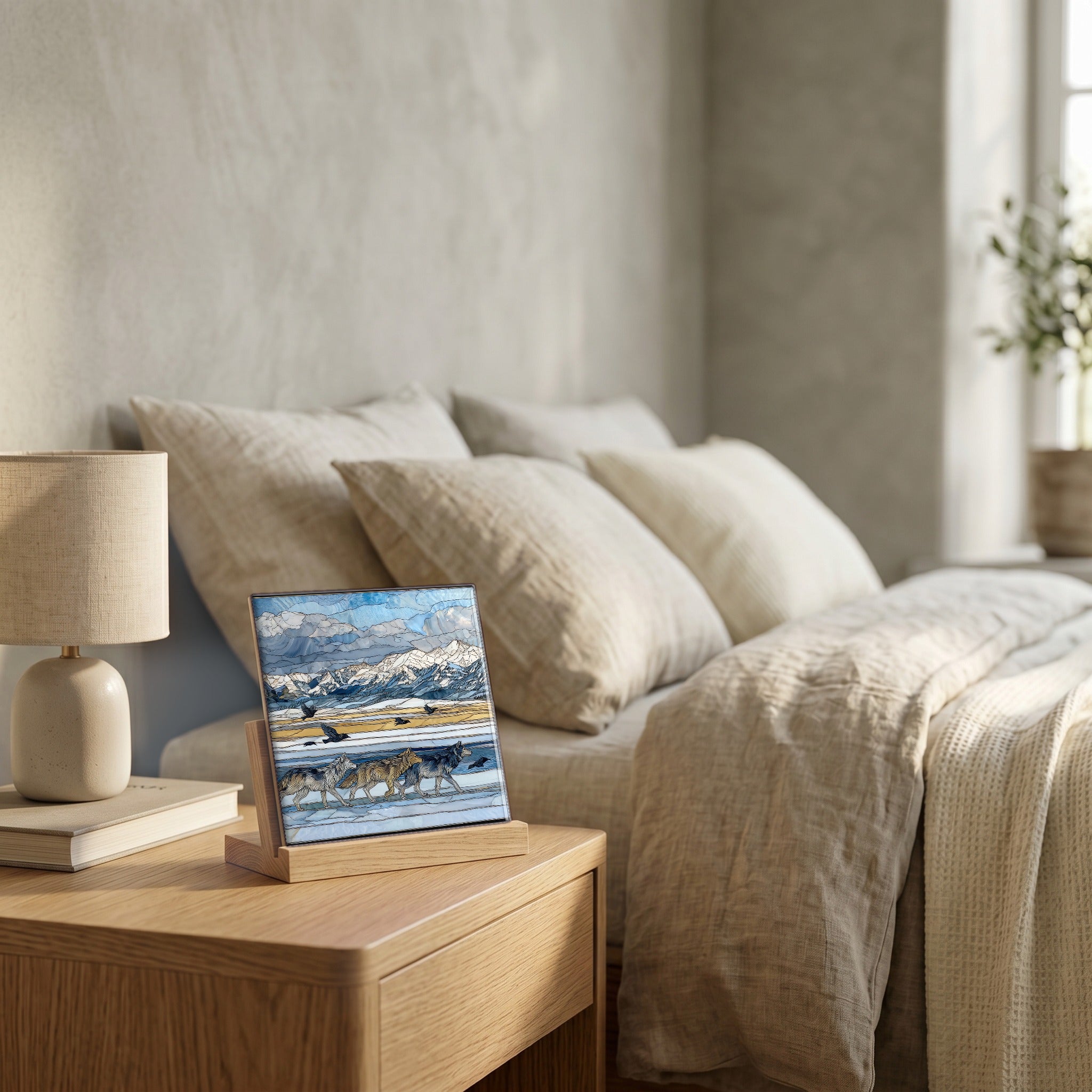 On the nightstand, catching the morning.
