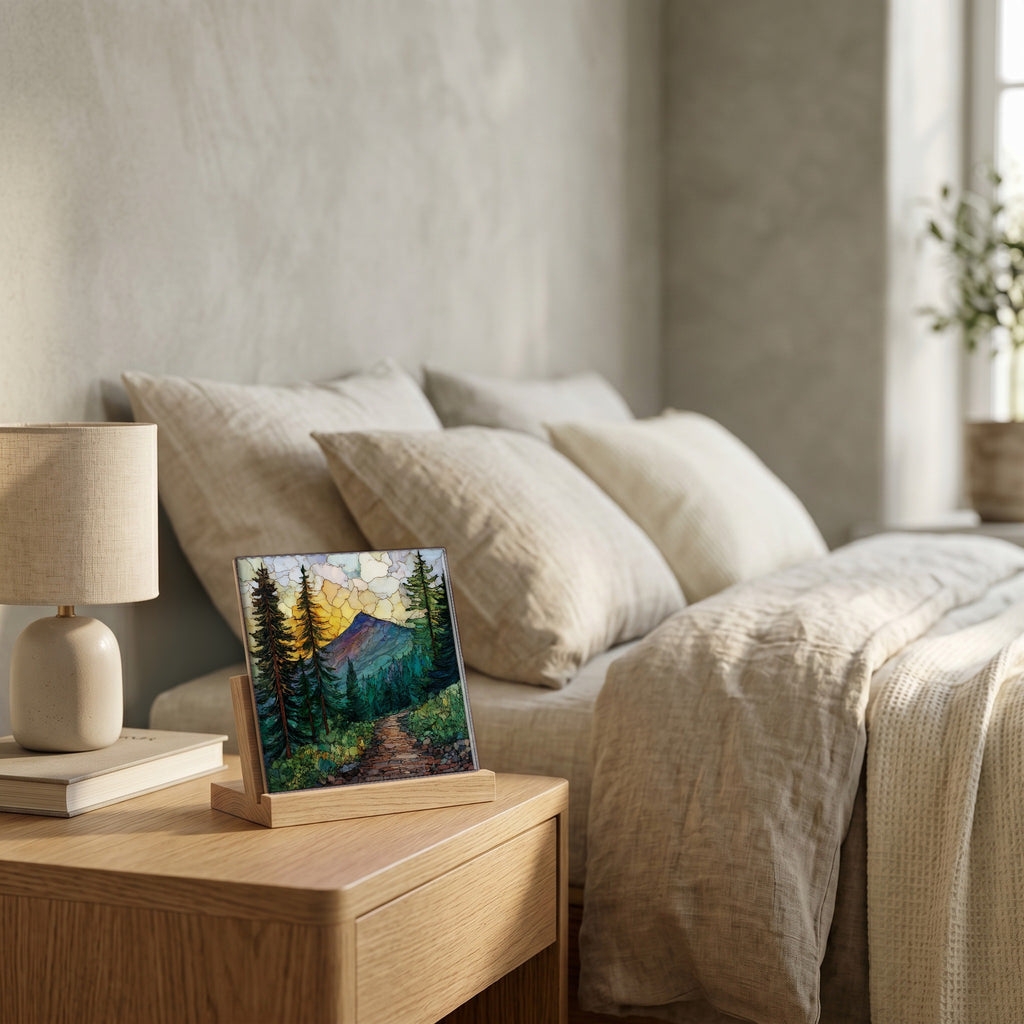 On the nightstand, catching the morning.