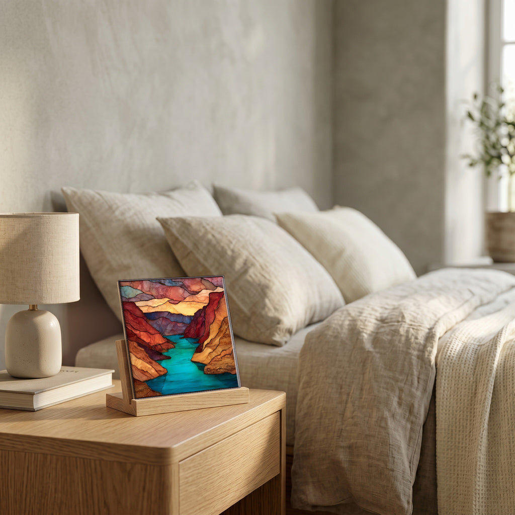 On the nightstand, catching the morning.