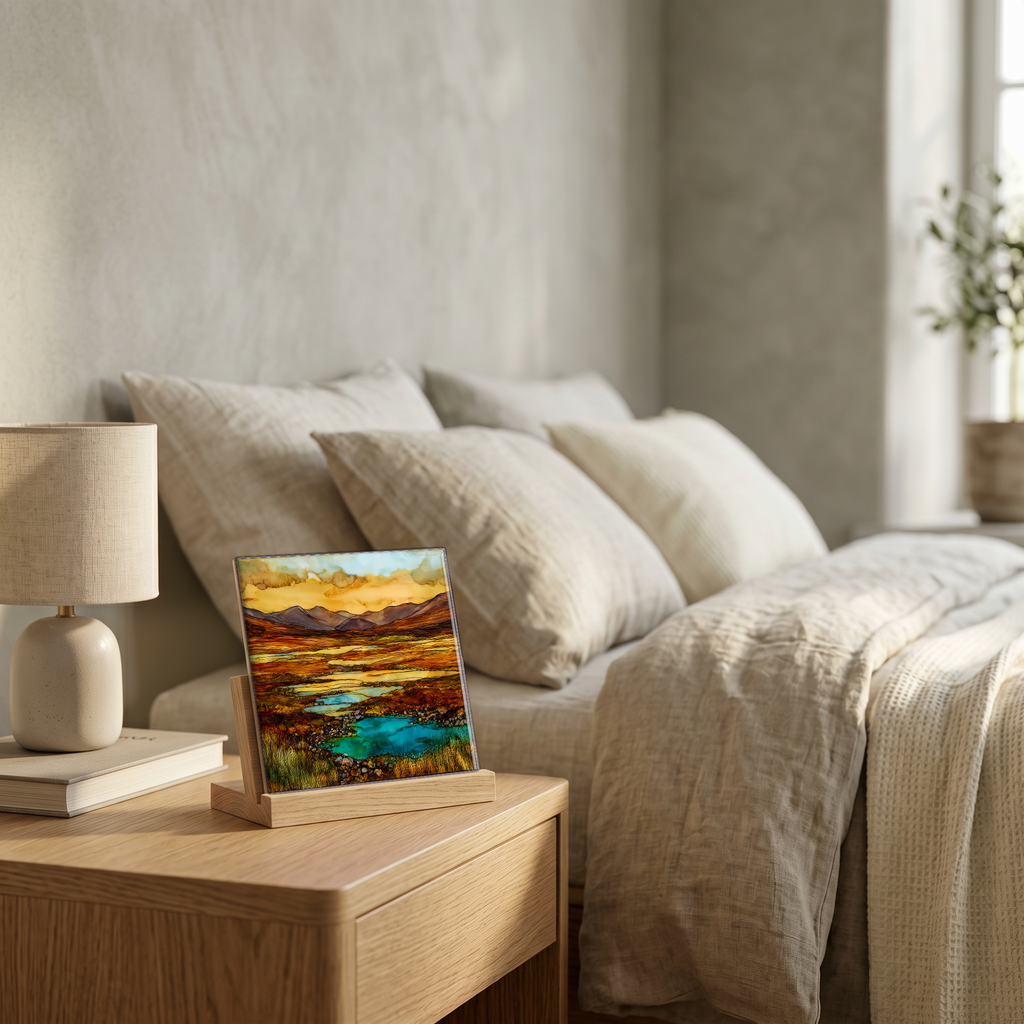 On the nightstand, on a light oak stand.