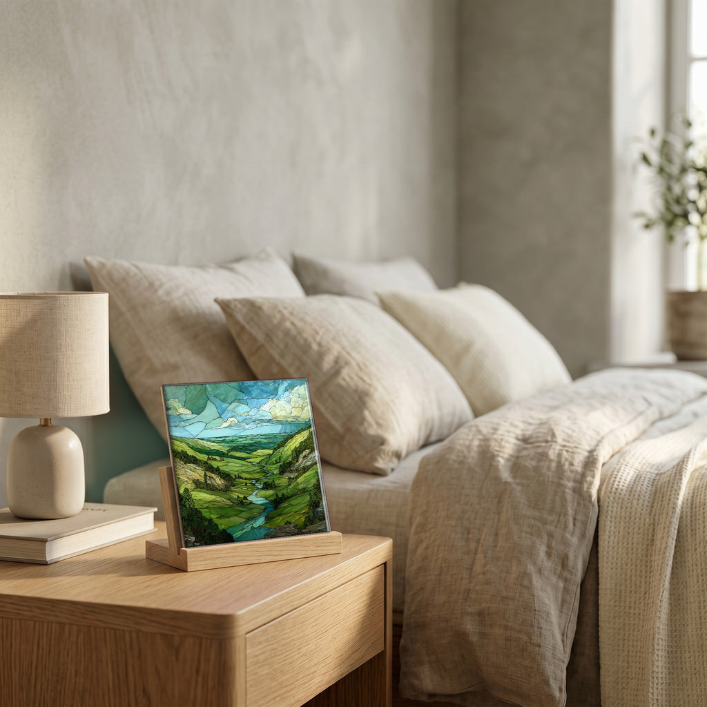 On the nightstand, catching the morning.