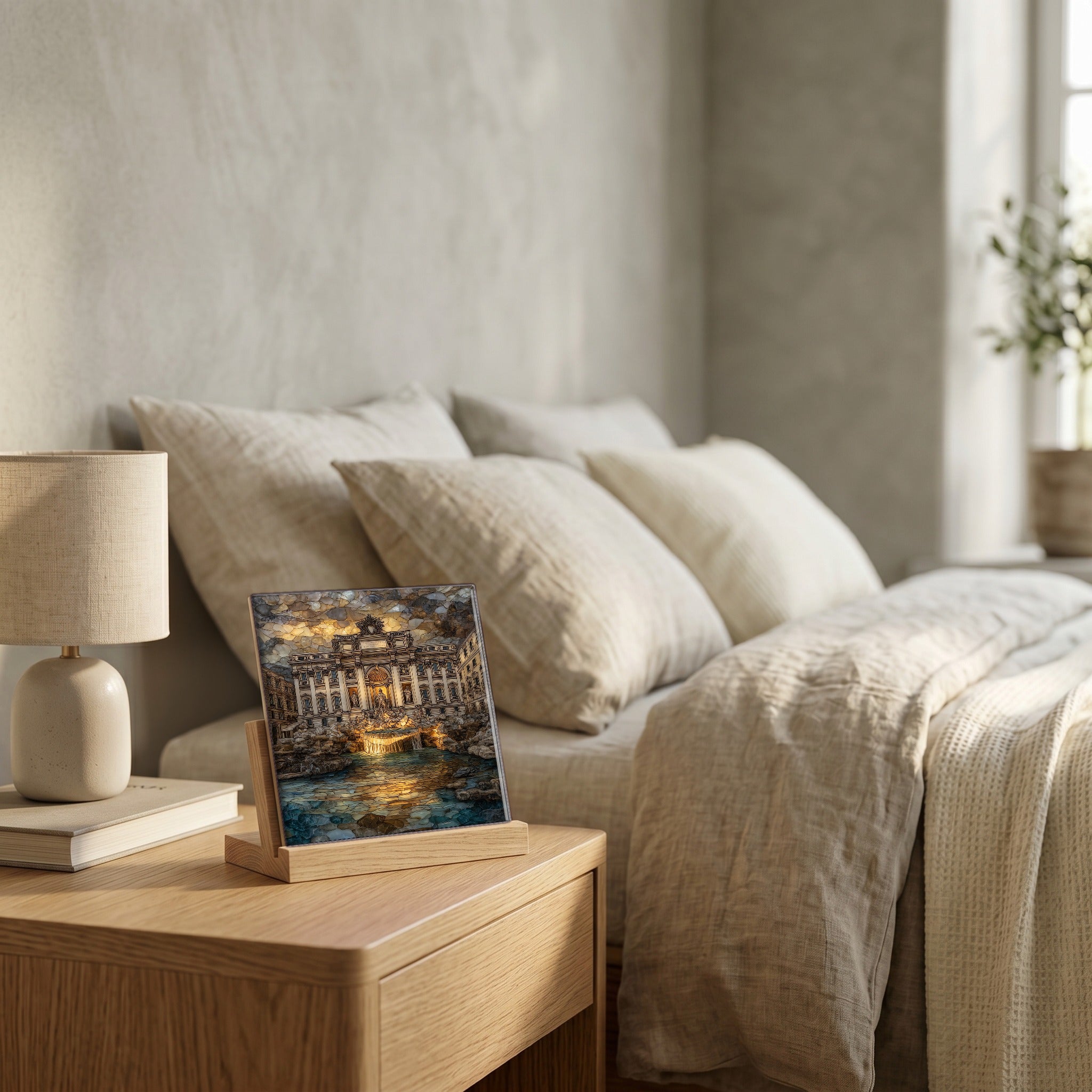 On the nightstand, on a light oak stand.