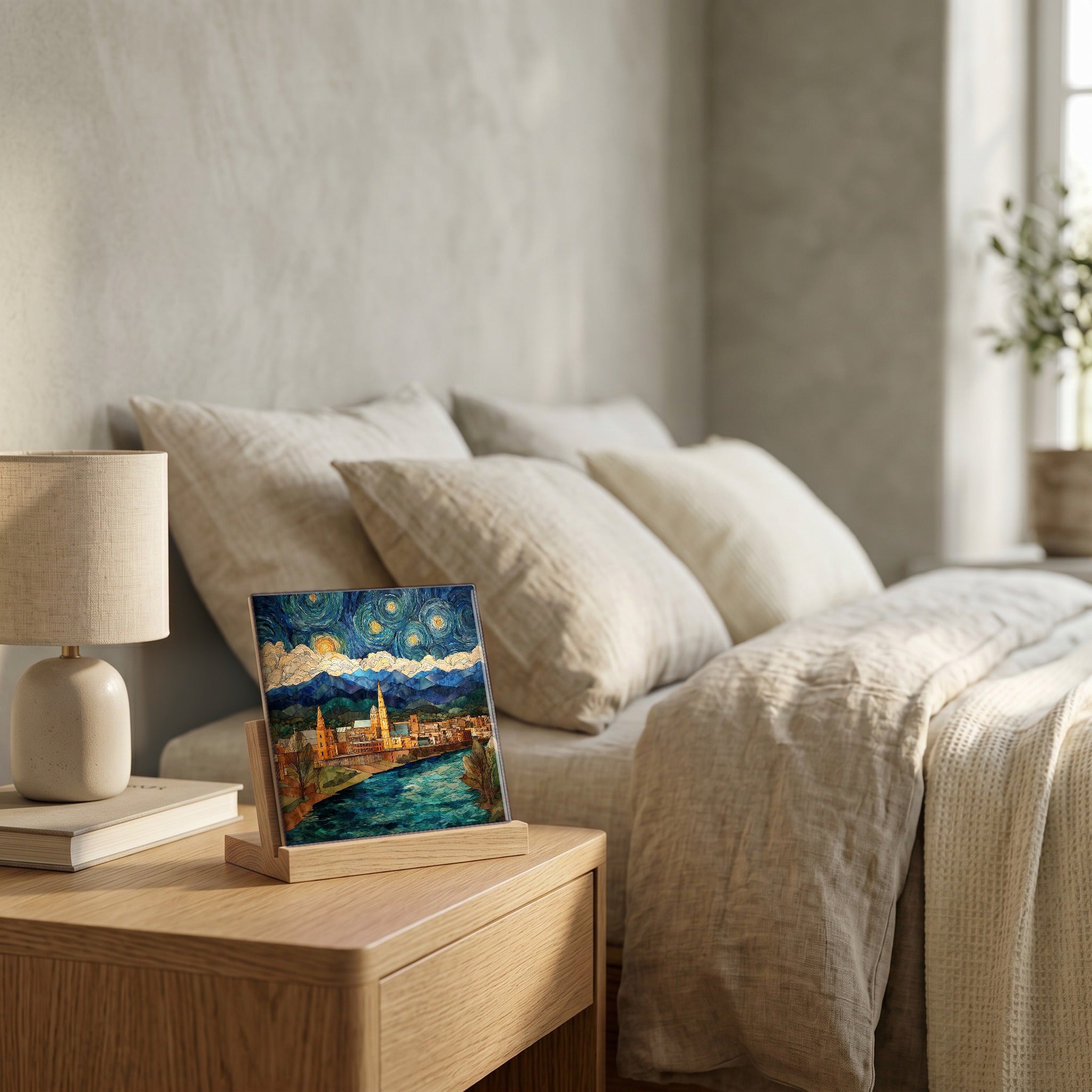 On the nightstand, catching the morning.