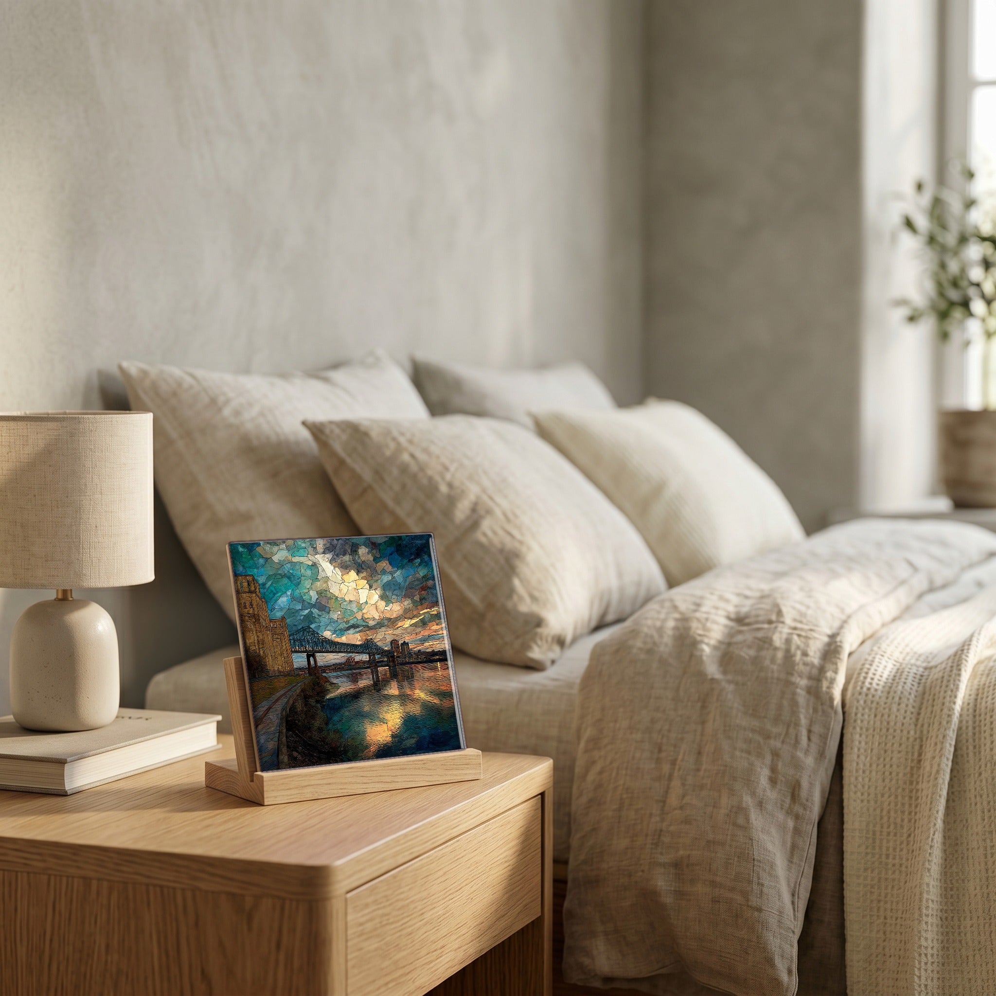 On the nightstand, catching the morning.